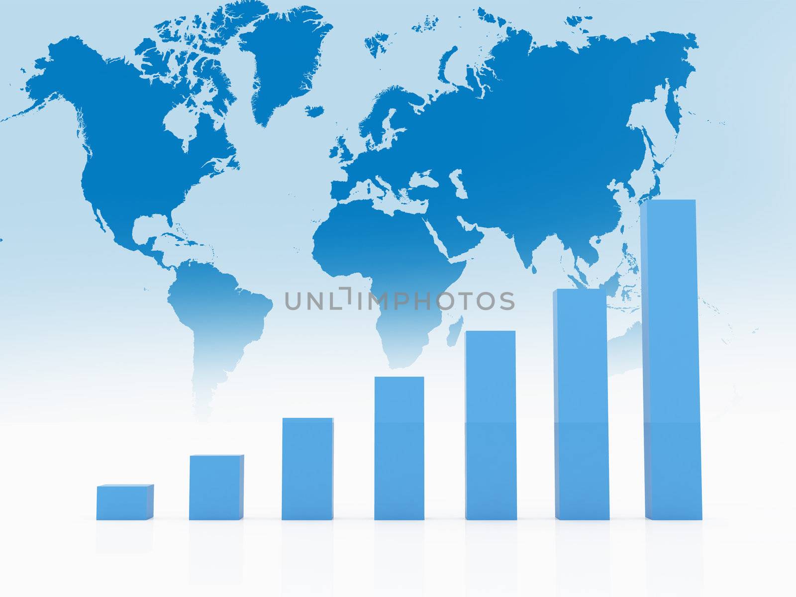 Blue business growth chart on word map background.