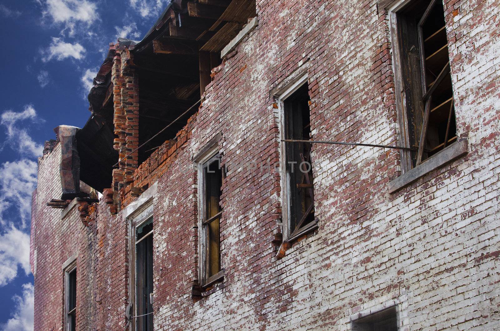 Fire Damaged Brick Building by mary981