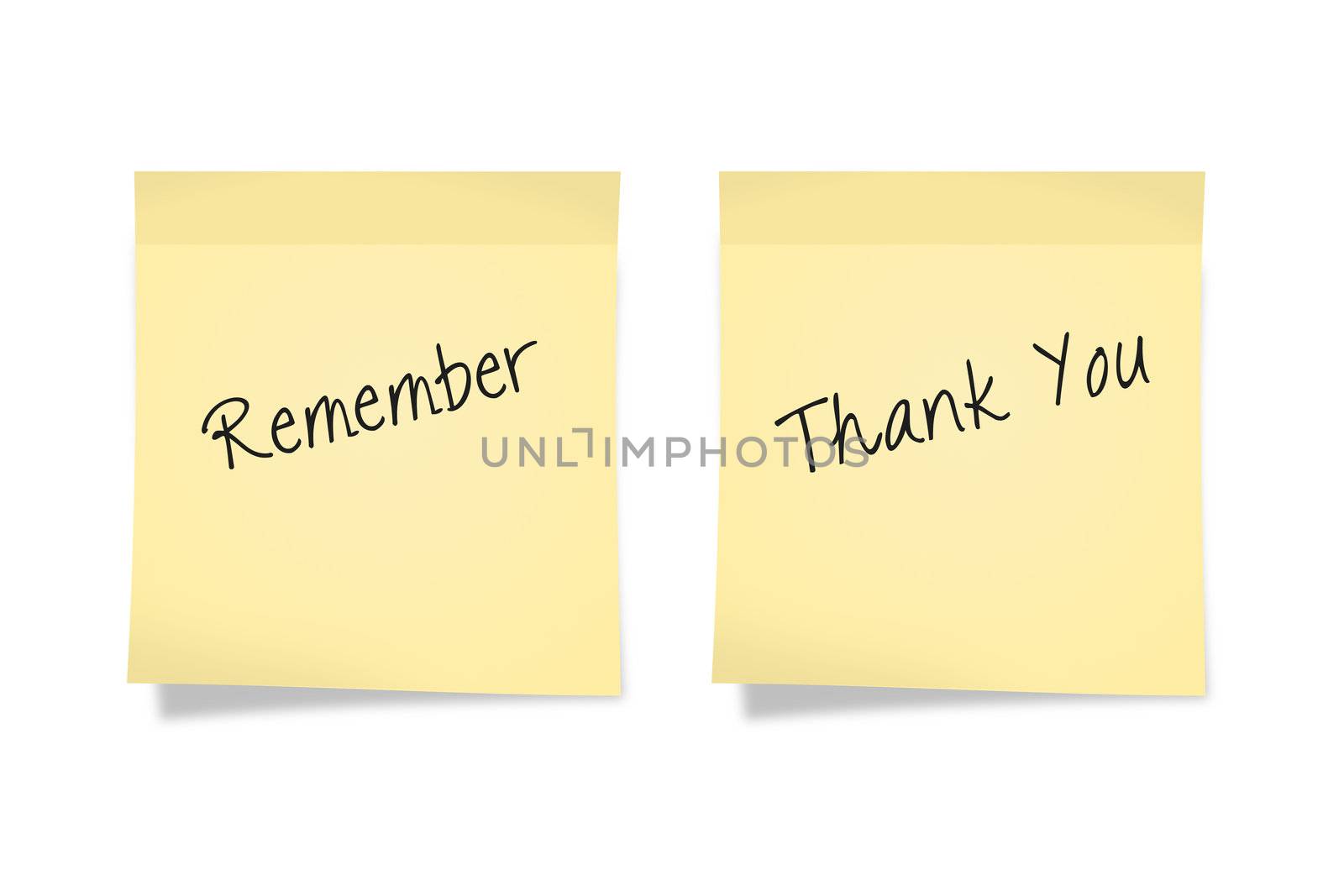 Yellow remember and thank you sticky notes on white background.