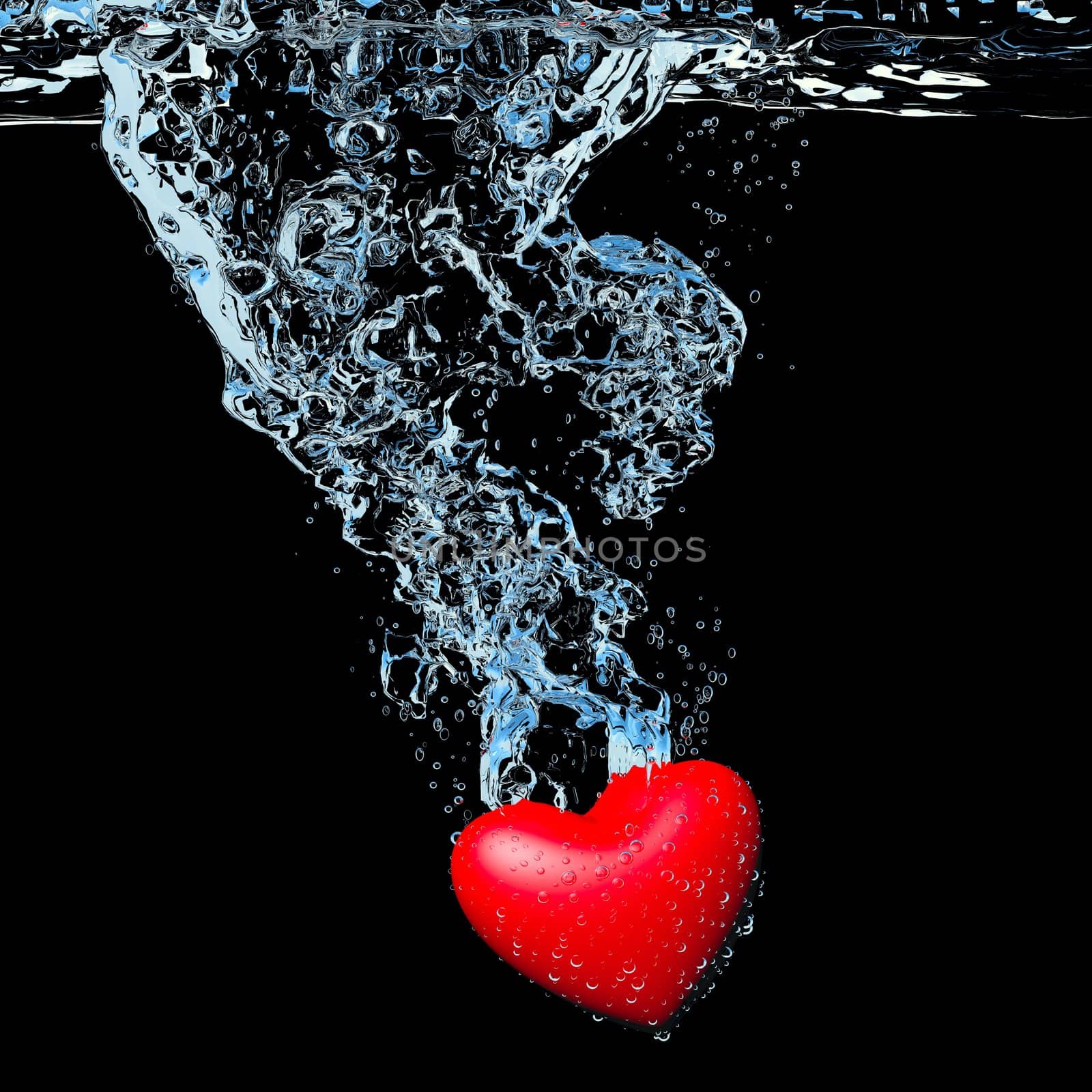 heart dropped into water over black background