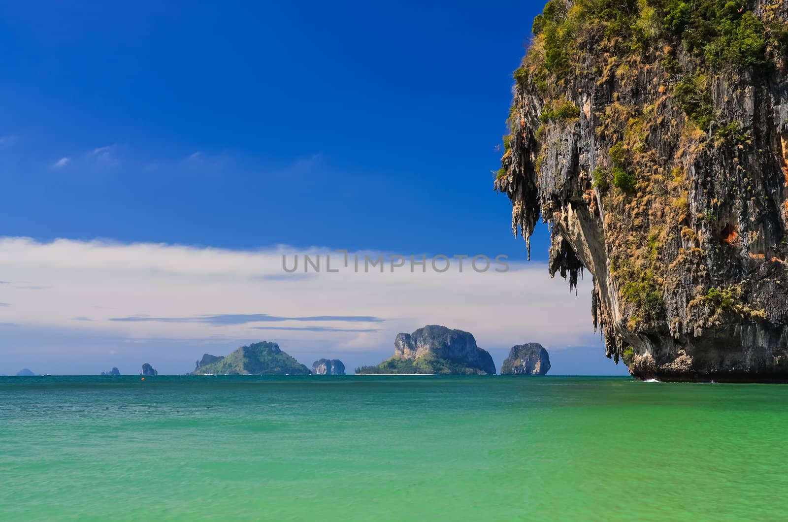 Ocean coast landscape with cliffs and islands at Phra Nang bay, Krabi, Thailand