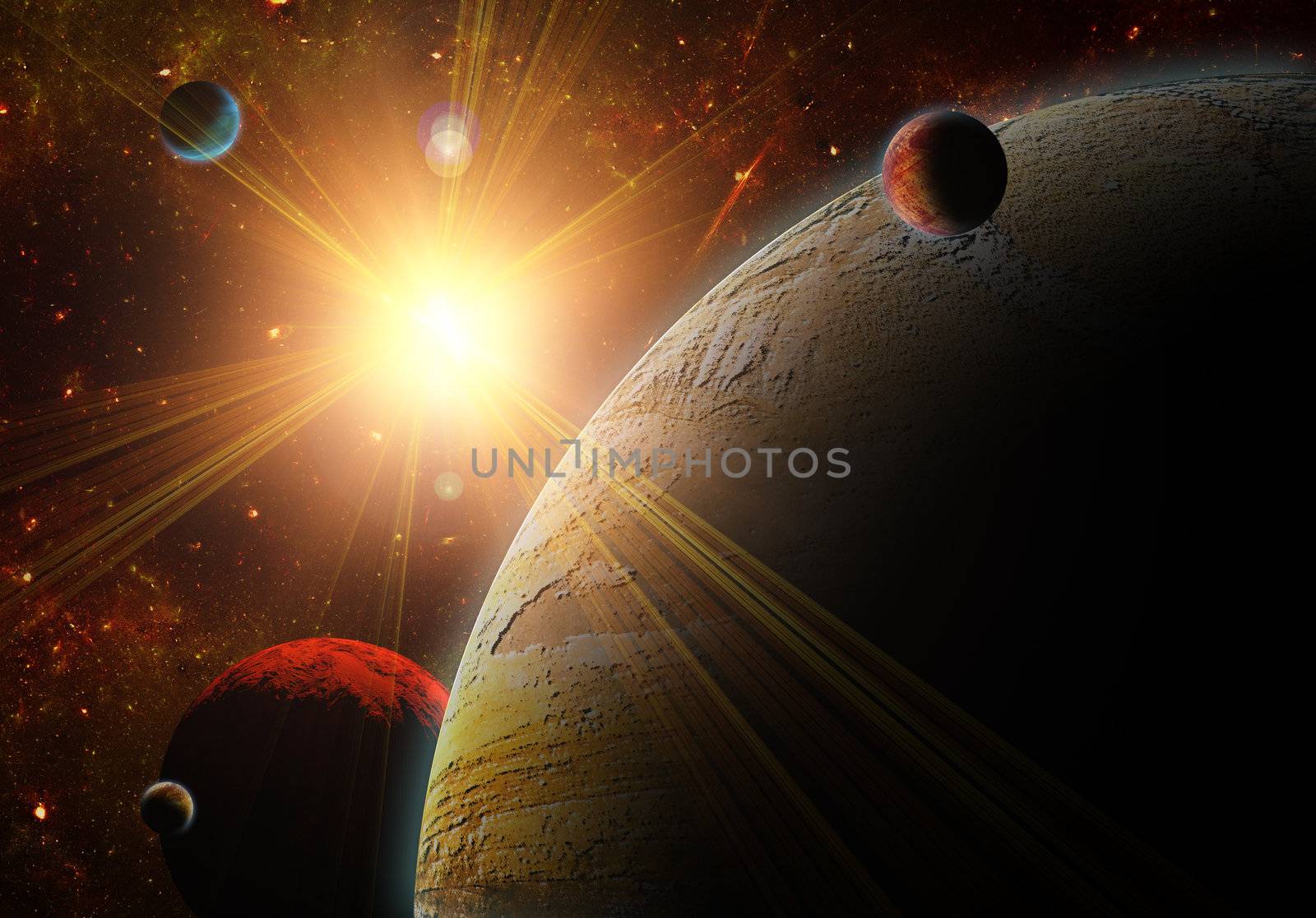 A view of planet, moons and the universe from the earth surface. Abstract illustration of distant regions.