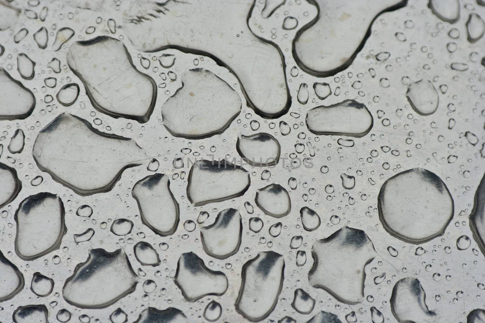 Water droplets collected on the top of a shinny silver surface.