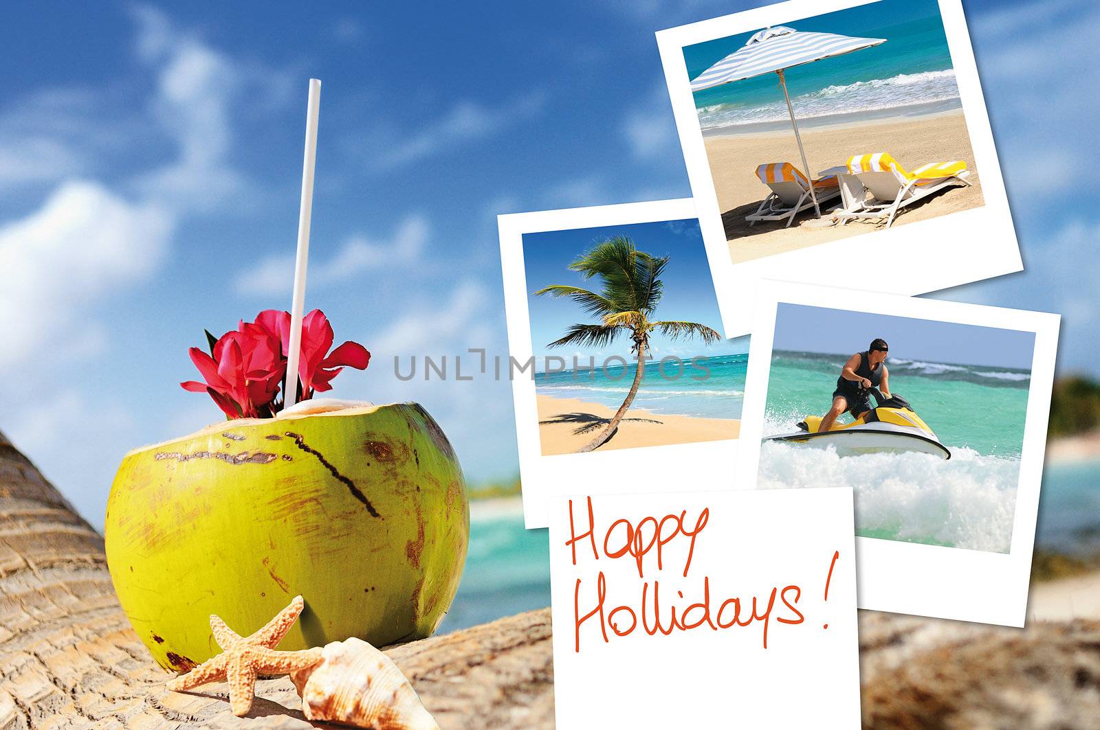 coconuts cocktail, starfish, sea outdoor with hlidays pics