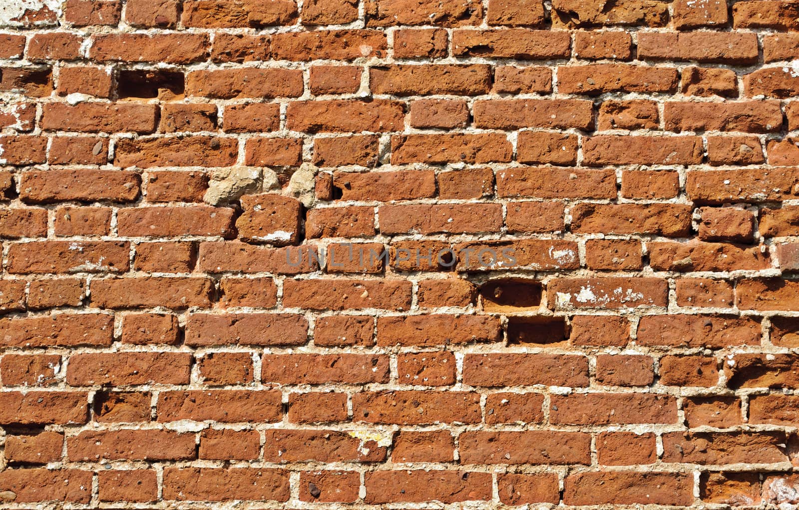 Weathered red brick wall surface, sunny day