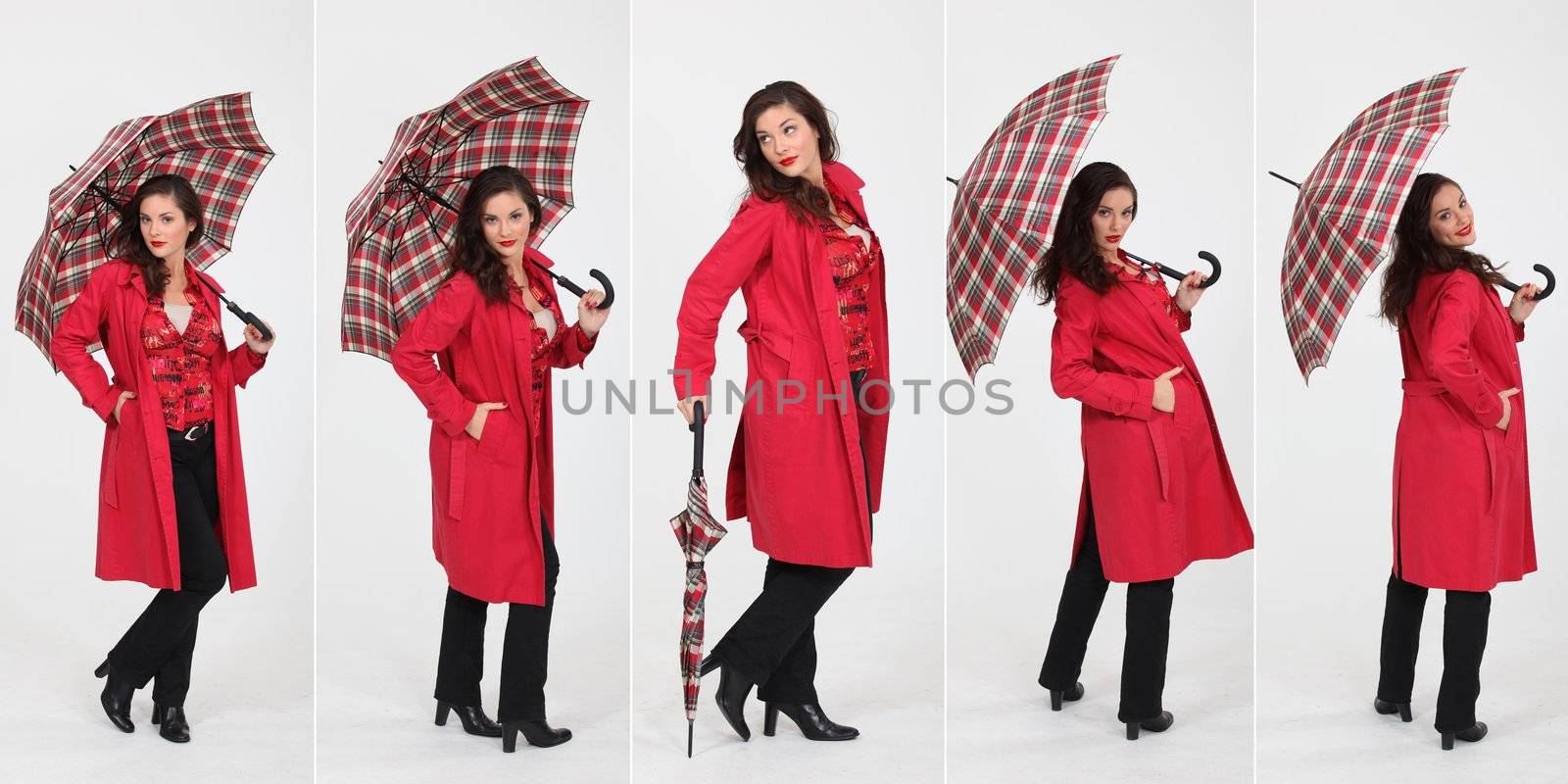 Montage of fashionable woman with umbrella