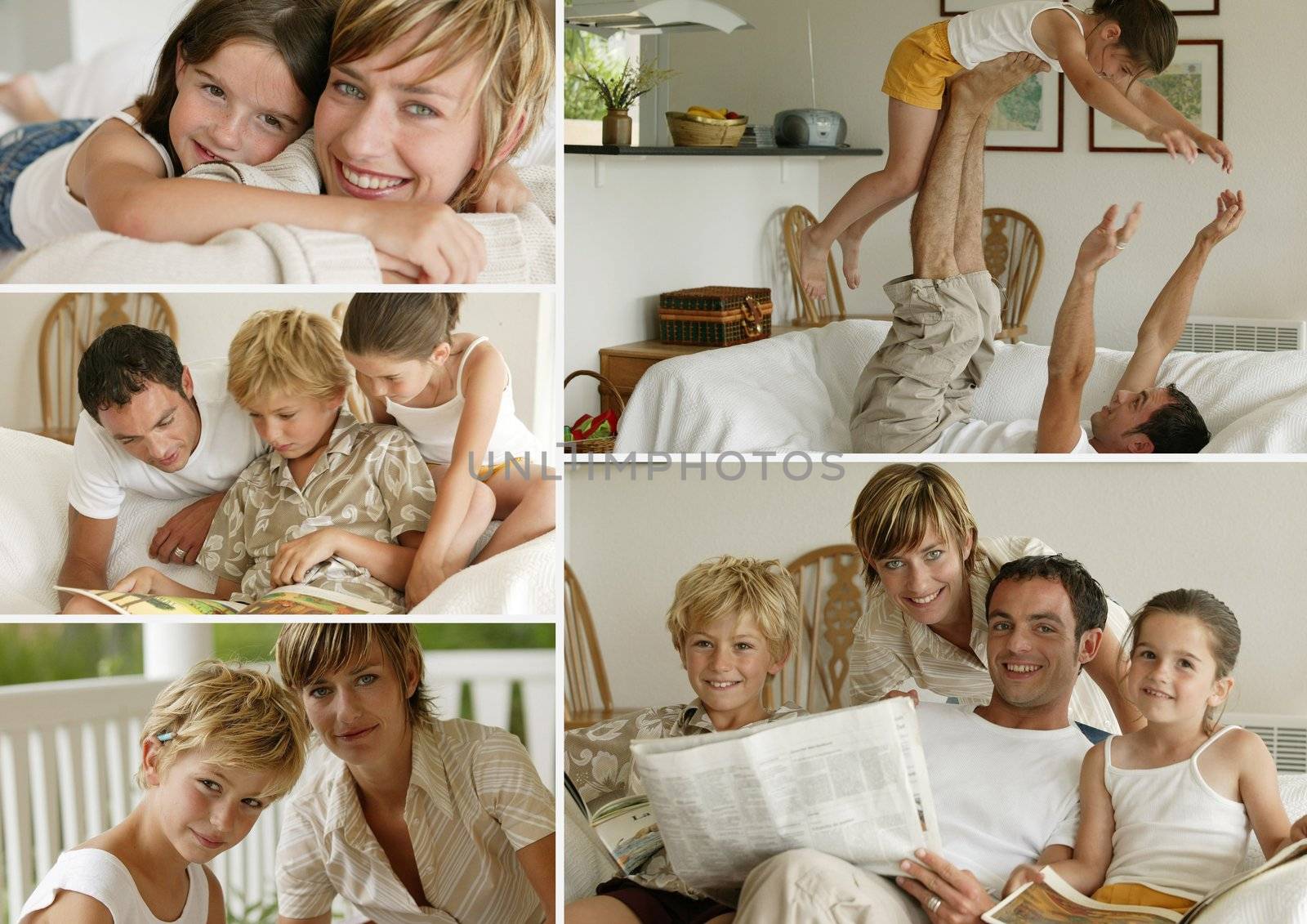 Parents with children at home, photo-montage