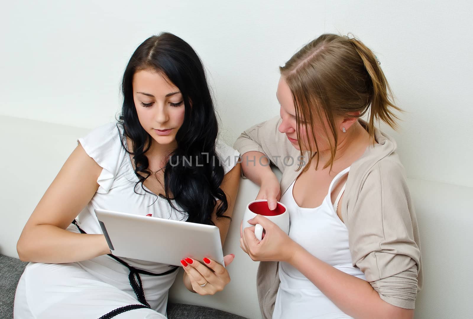 Two women friends using a tablet PC computer by dmitrimaruta