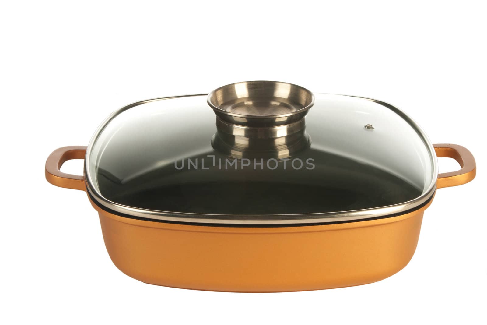 cookware, cast iron cooking pot, nonstick pan and glass lid  isolated on white 