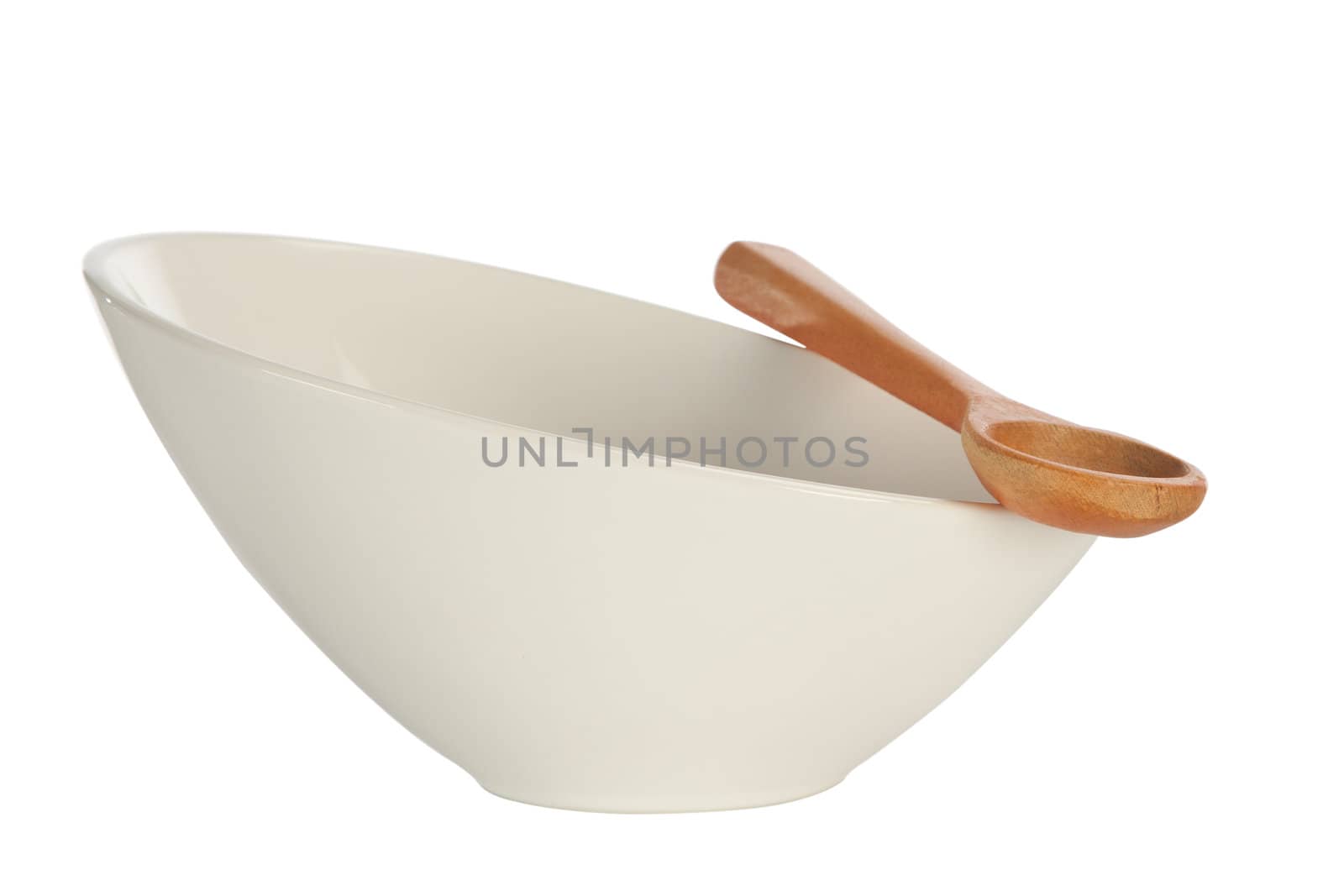 white bowl and wood spoon isolated on white background