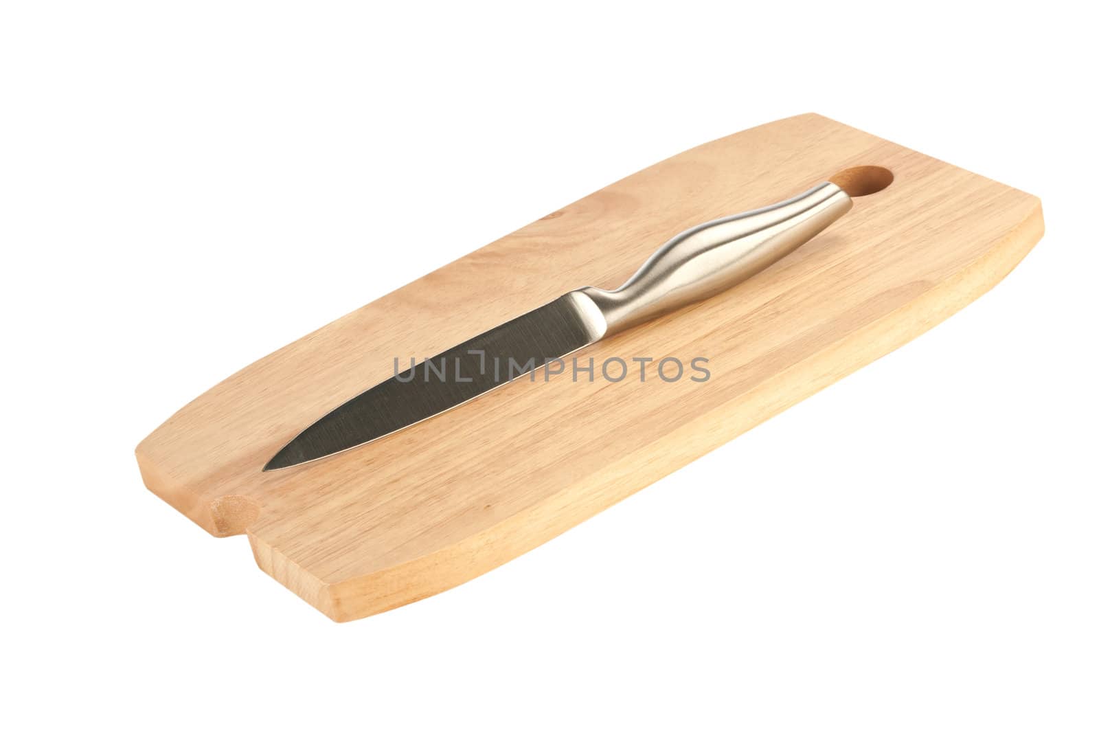 Knife and chopping board isolated on white