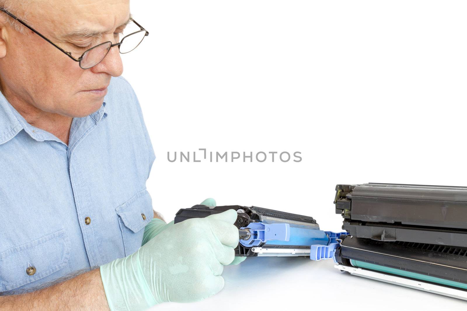 worker Laser printer on a workbench. Printer workshop