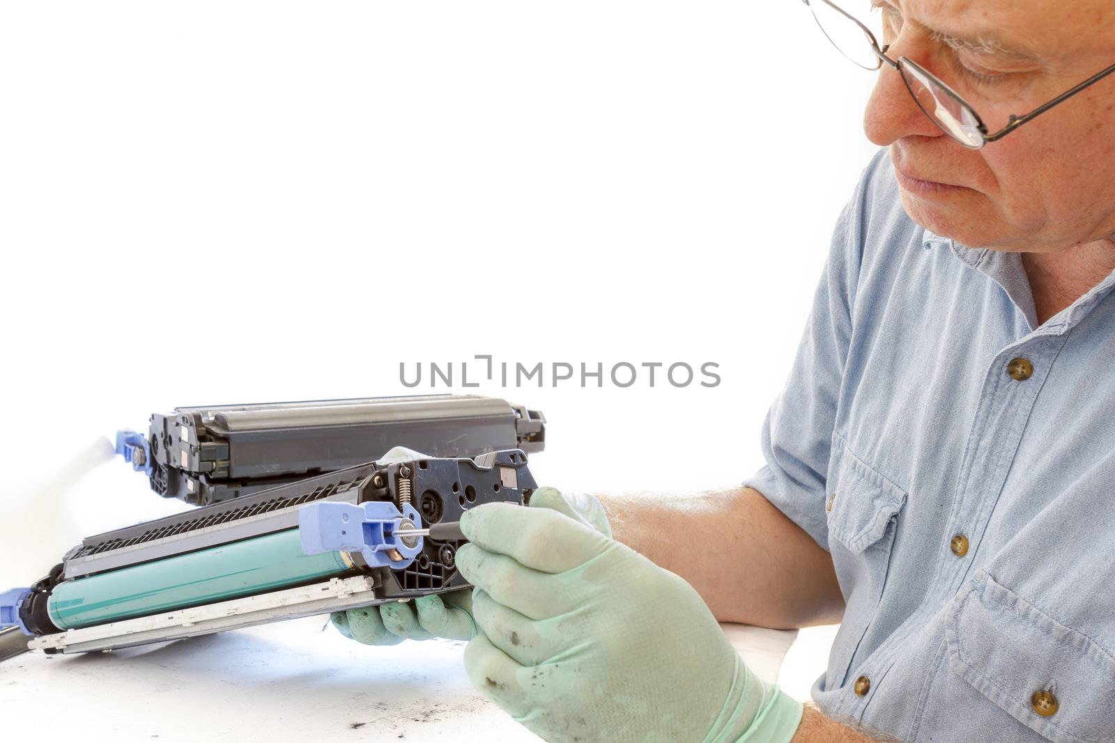 worker Laser printer on a workbench. Printer workshop