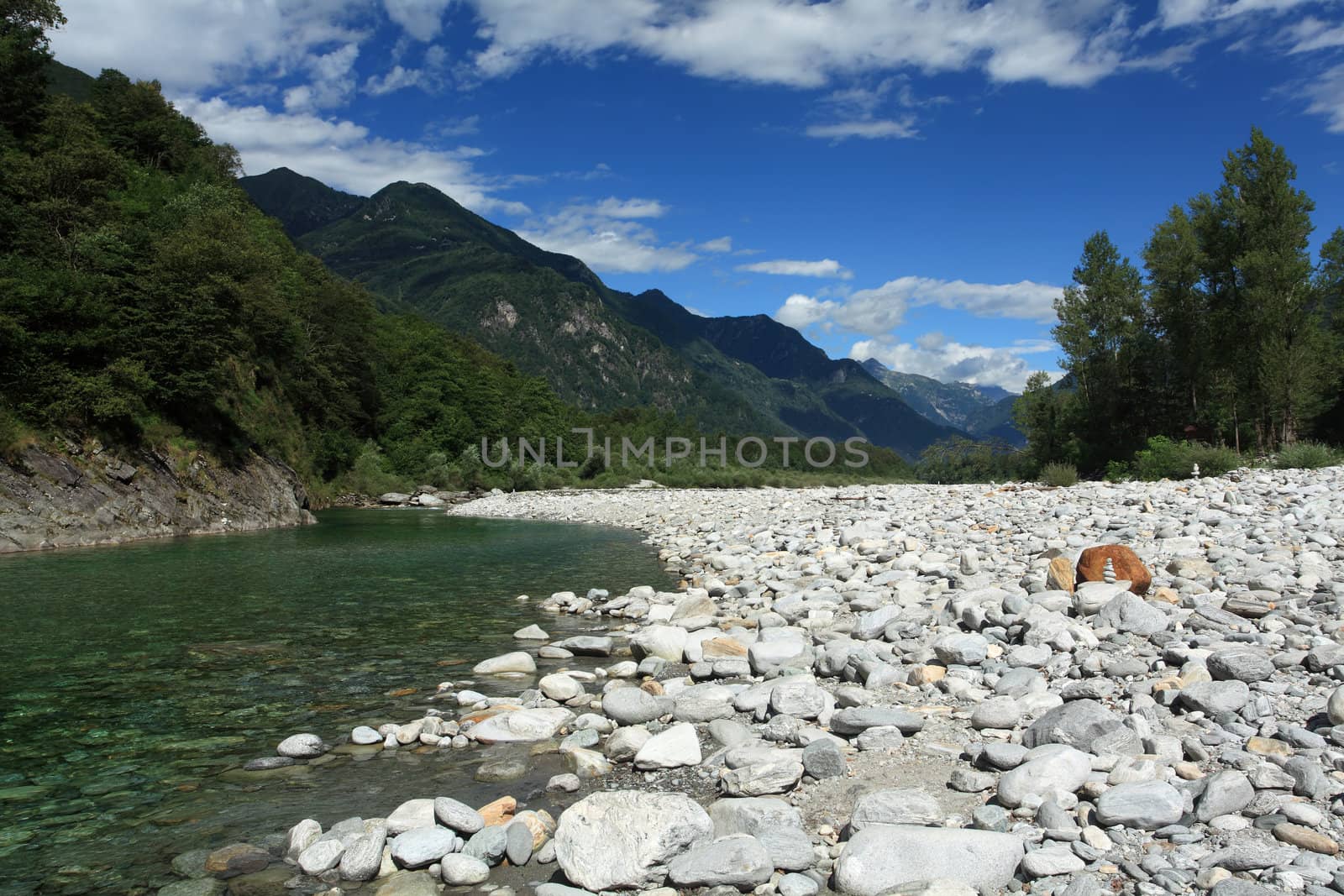 Photo of the Maggia river in the Maggia Valley, Ticino Switzerland.