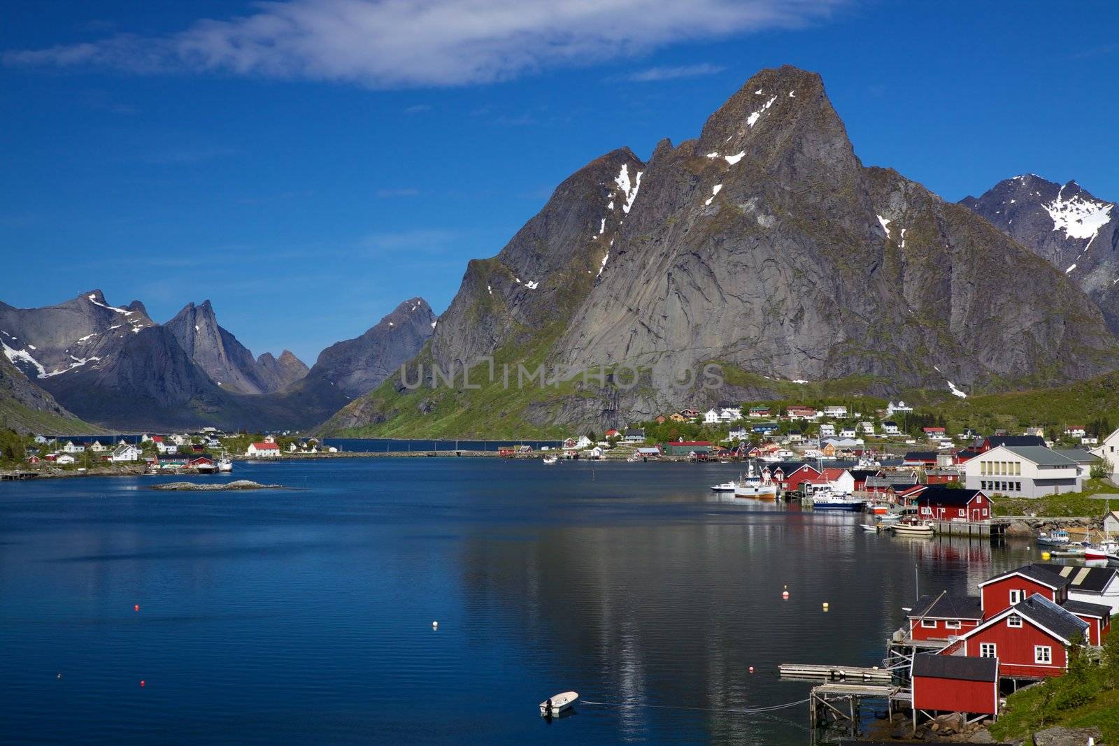 Picturesque town of Reine by the fjord on Lofoten islands in Norway