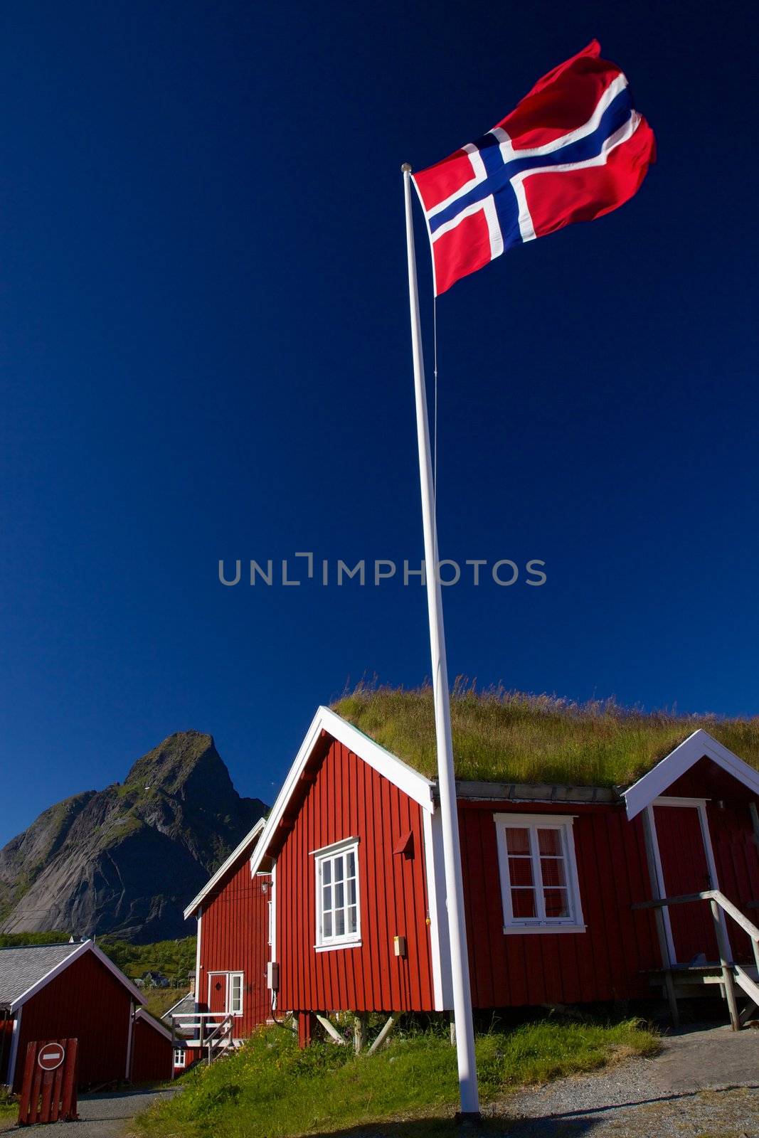 Norwegian flag with typical norwegian red wooden house with sod roof on Lofoten islands