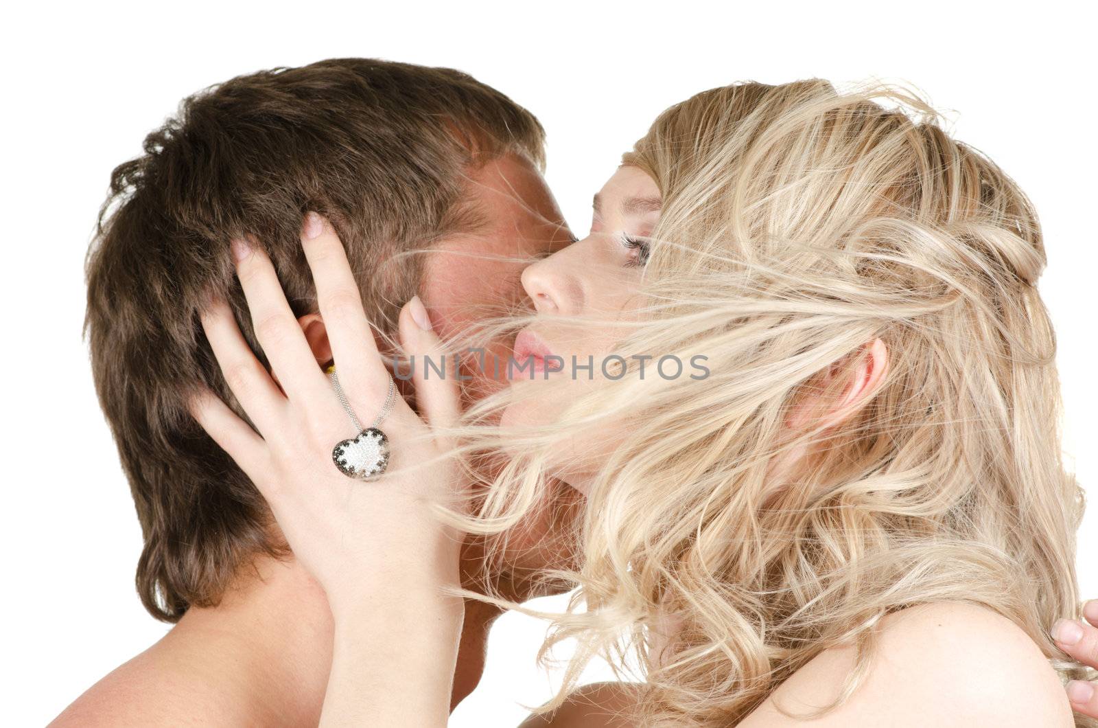 Kissing man and woman - lovers closeup portraits