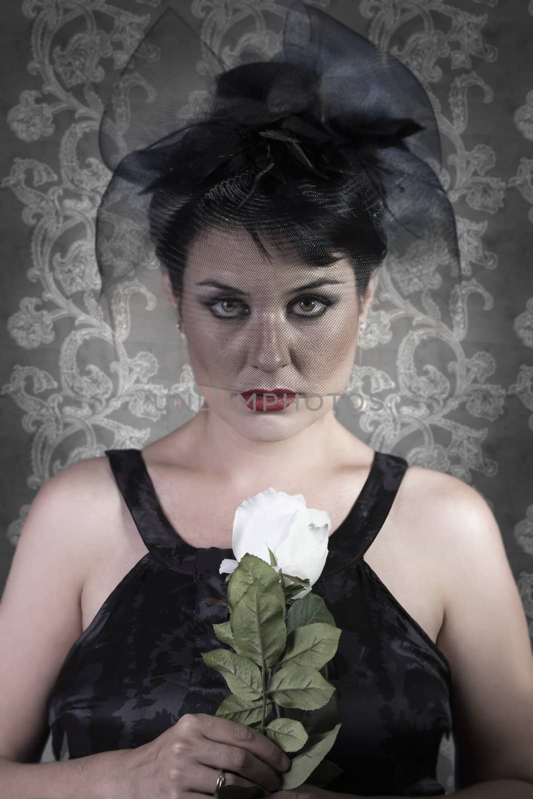 Sad Widow on vintage background, beautiful woman with black veil by FernandoCortes