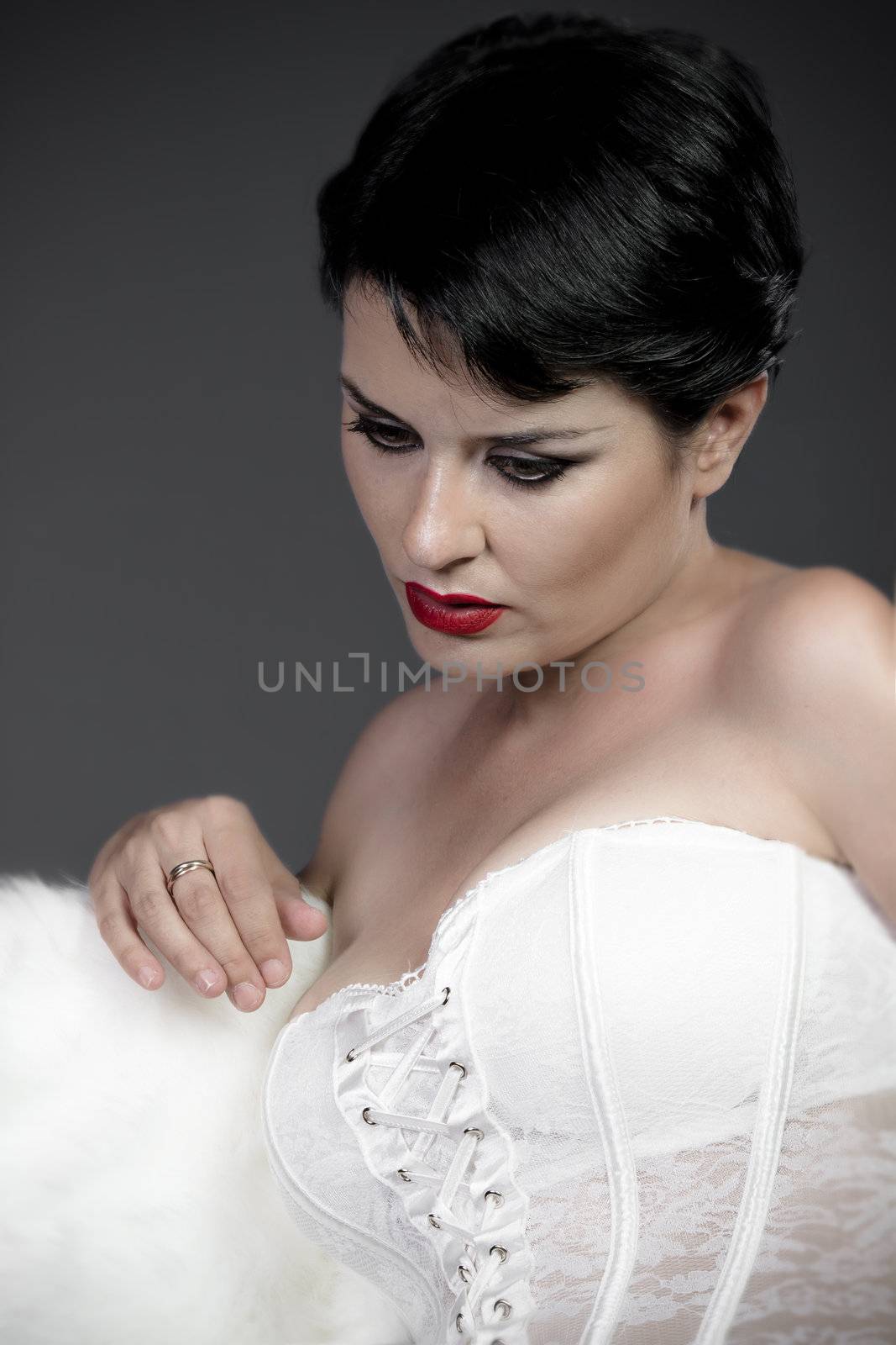 Beautiful sad bride with white corset, underwear by FernandoCortes