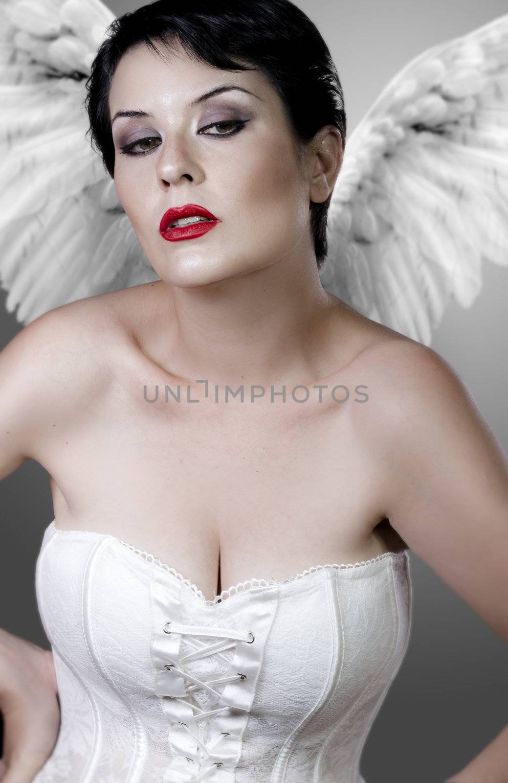 Beautiful sad angel with white corset and light wings, underwear by FernandoCortes