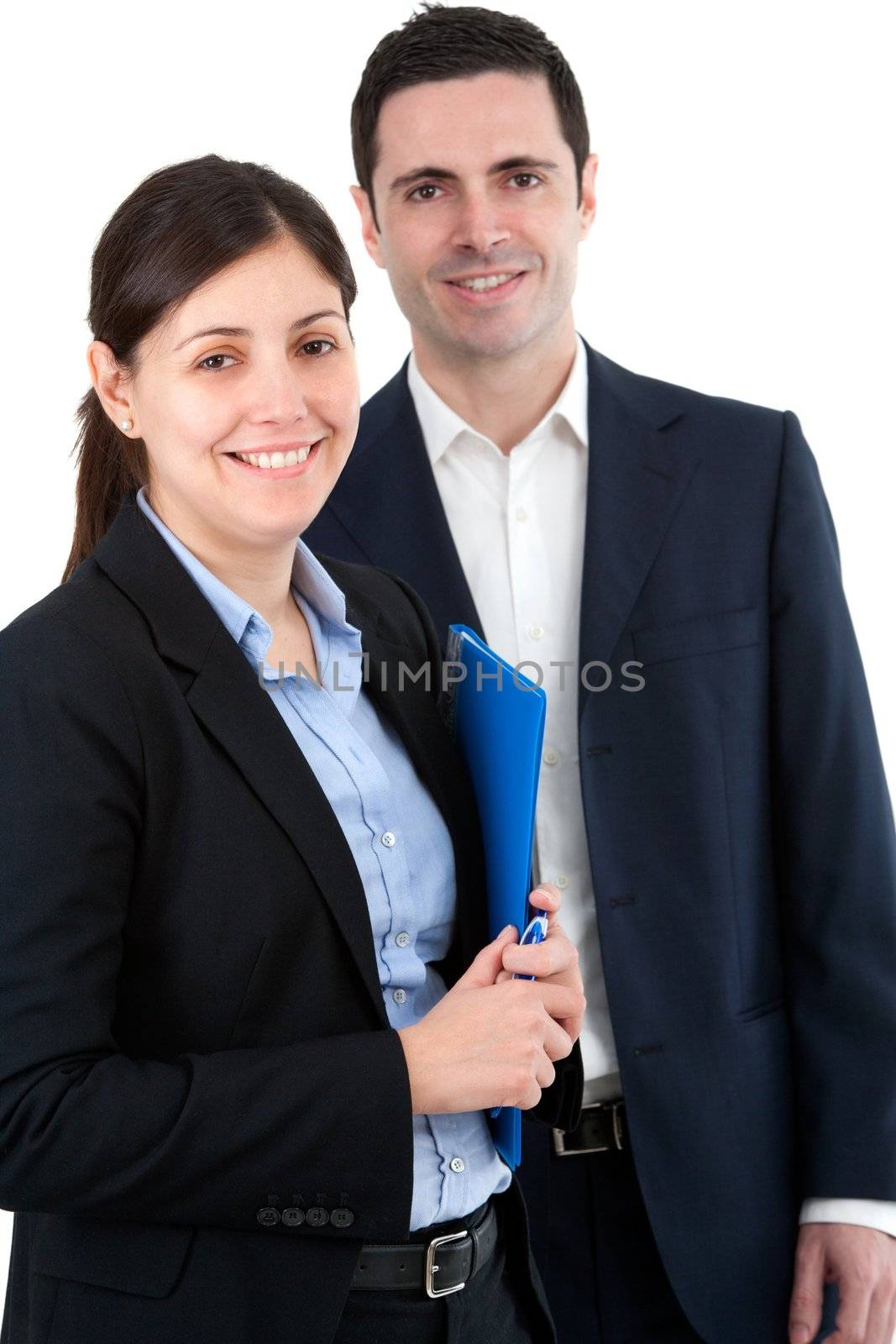 Portrait of handsome young business couple. Isolated on white.