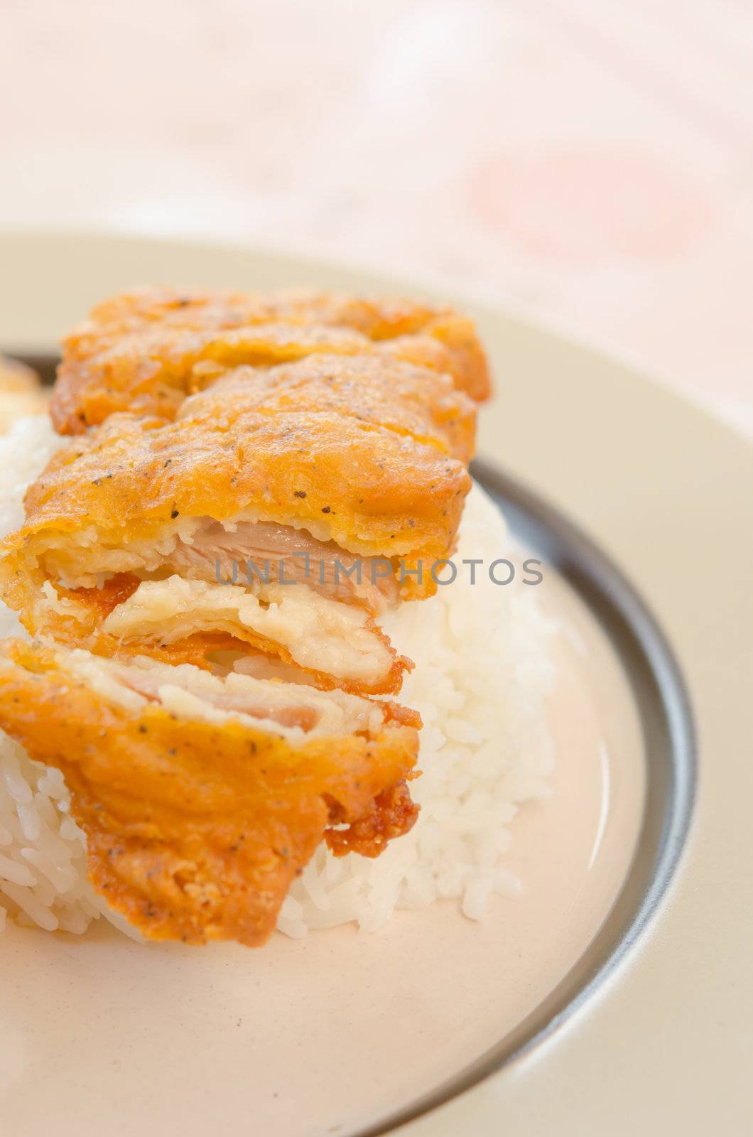 fresh  fried Chicken over steamed rice on plate