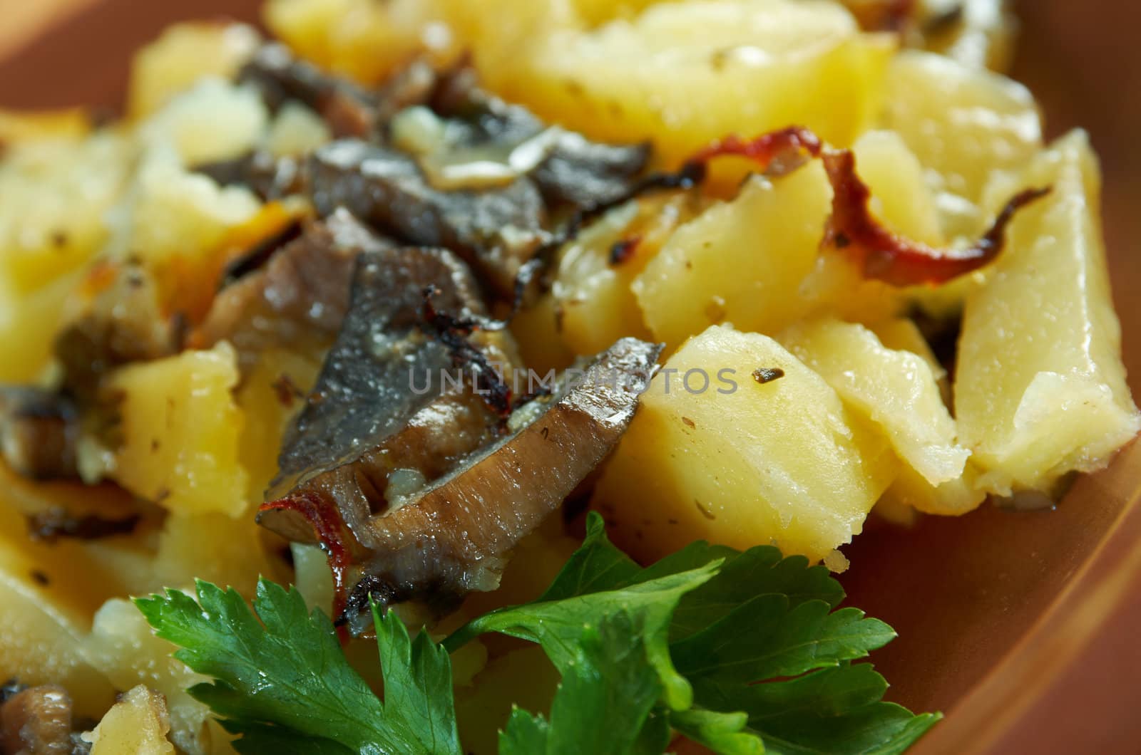 mushrooms with roasted potato closeup