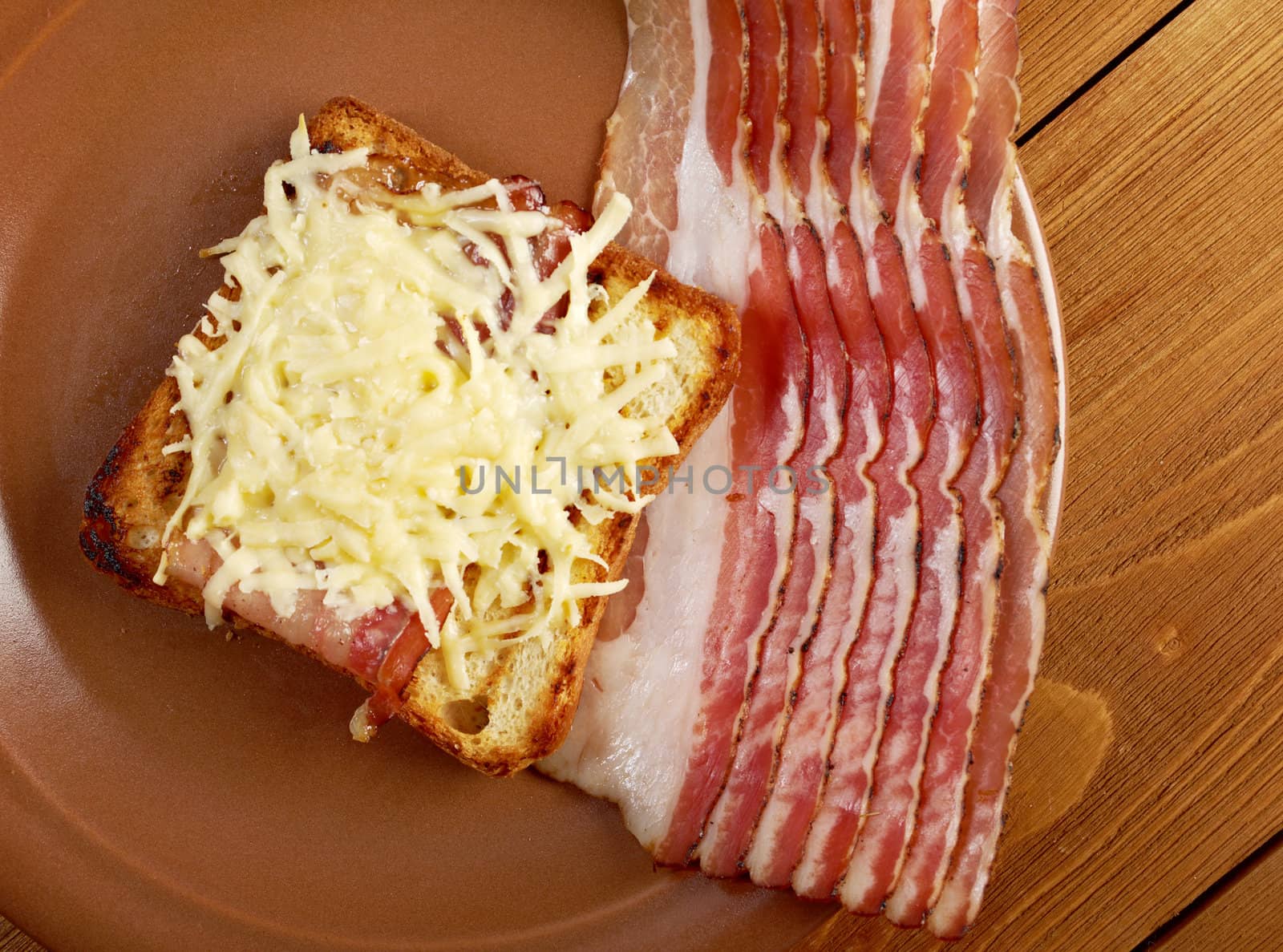 Cheese toast with piece  bacon.Close up of toasted white bread in slices