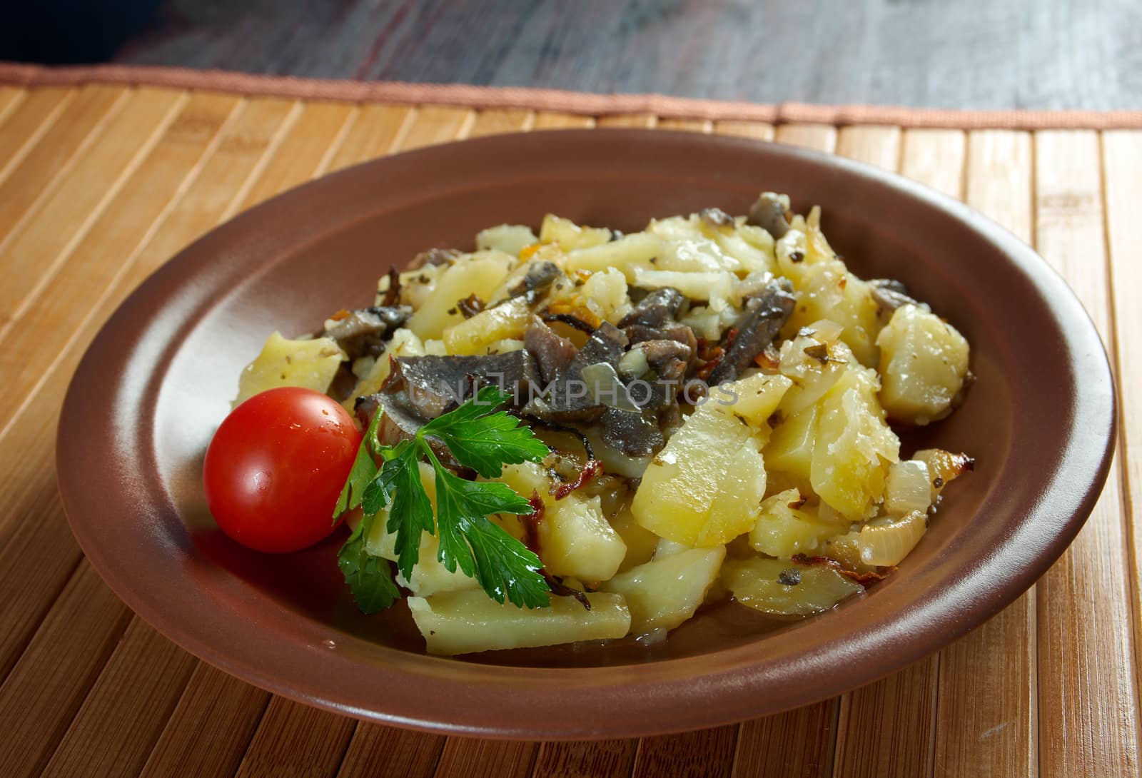 mushrooms with roasted potato closeup