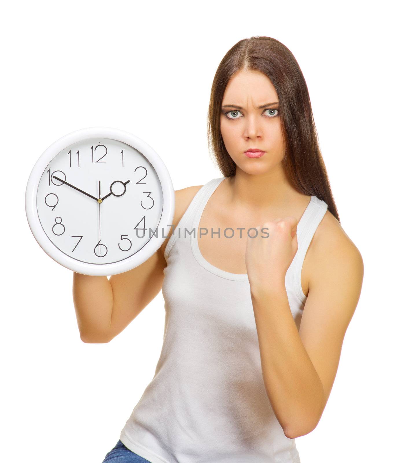 Young angry girl with clocks isolated