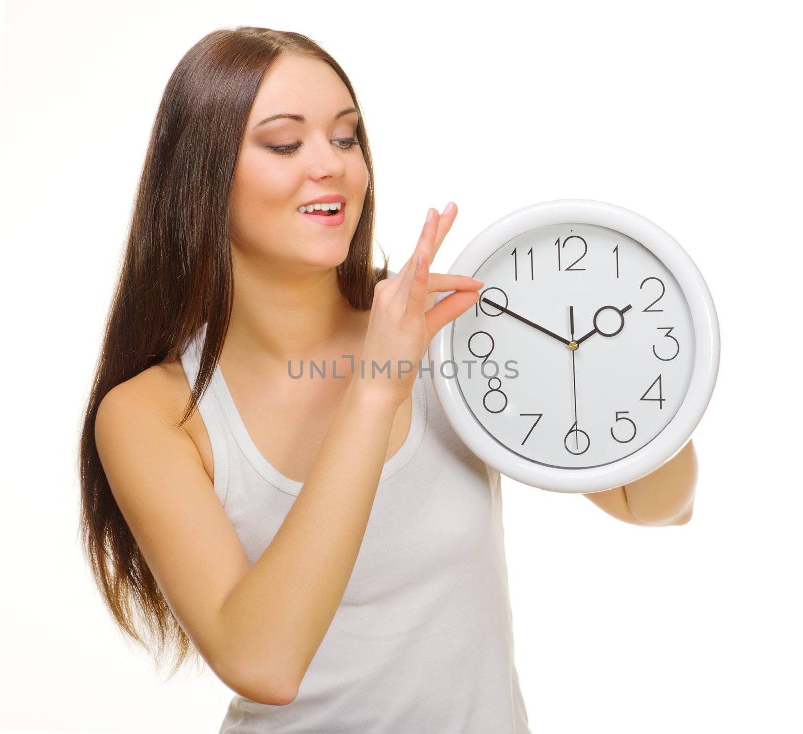 Young girl with clock isolated