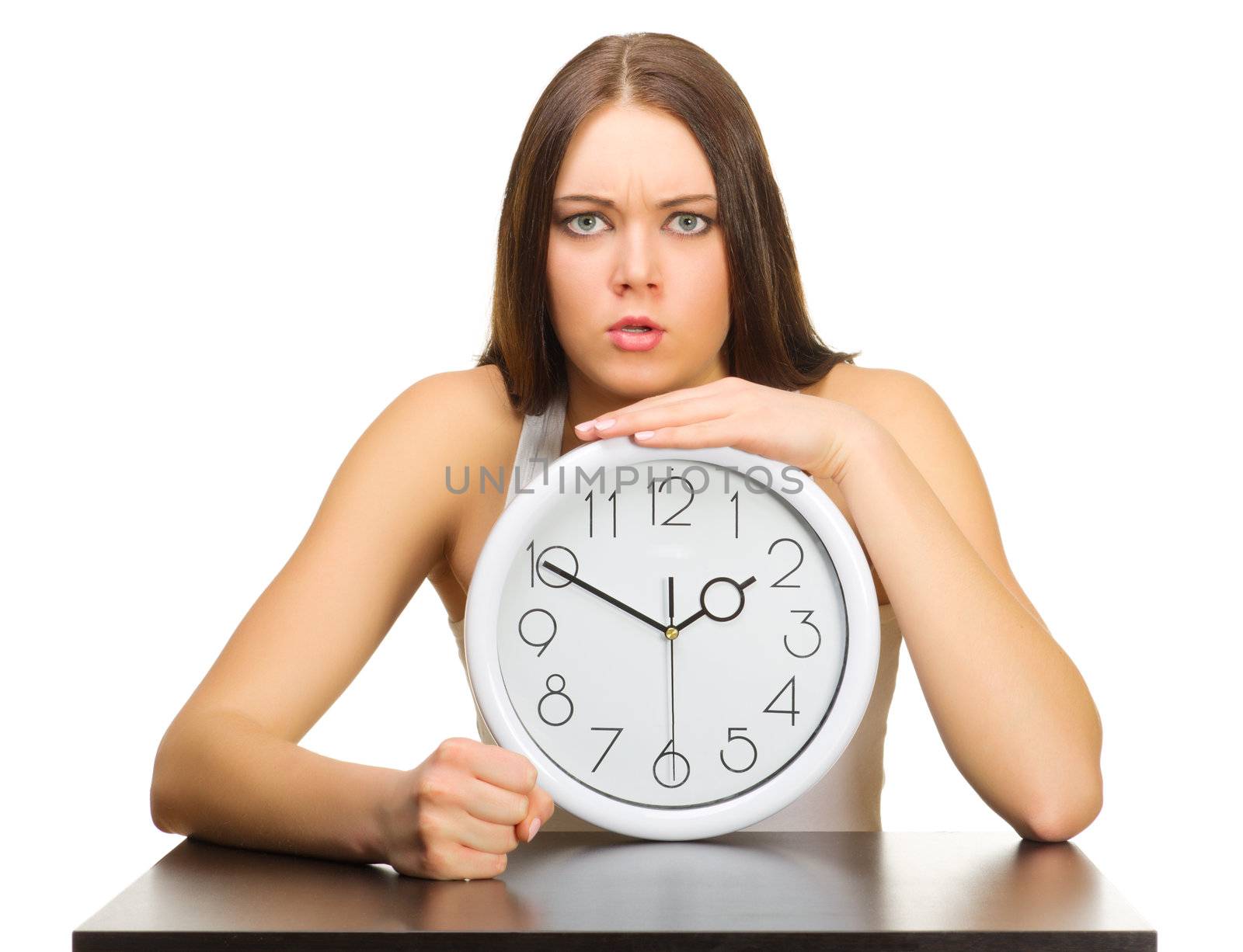 Young girl with clock isolated