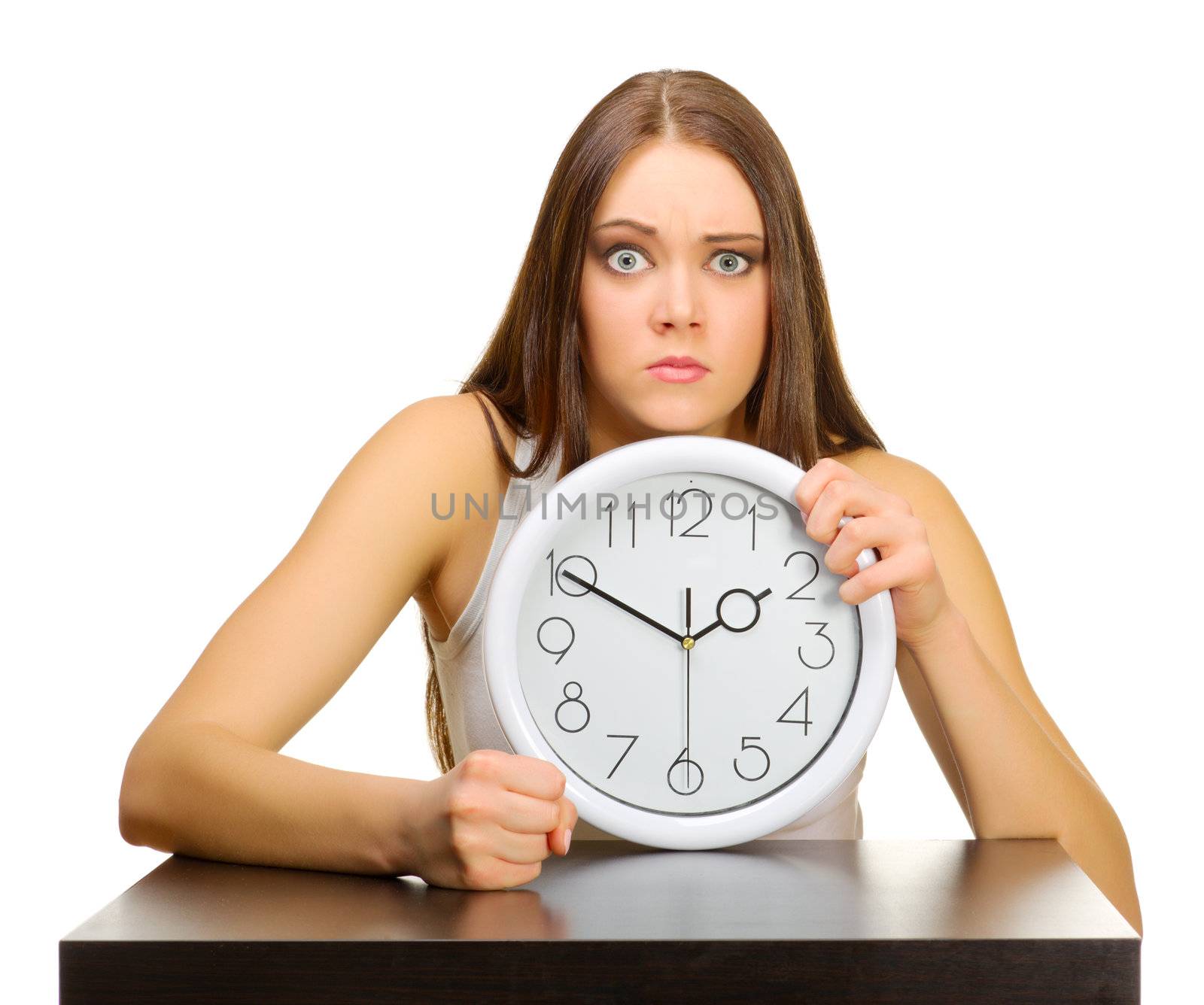 Young girl with clock isolated