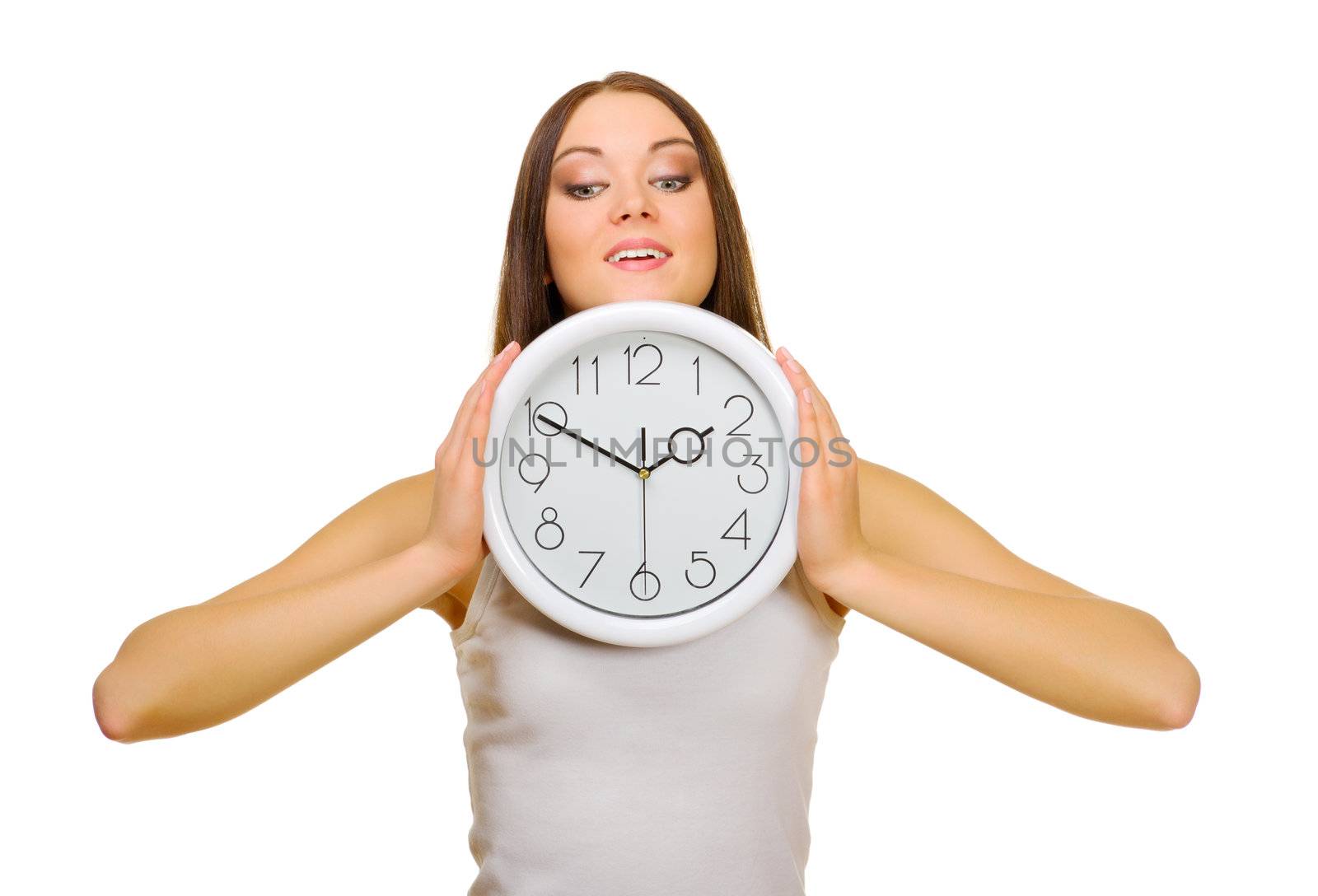 Young girl with clock isolated