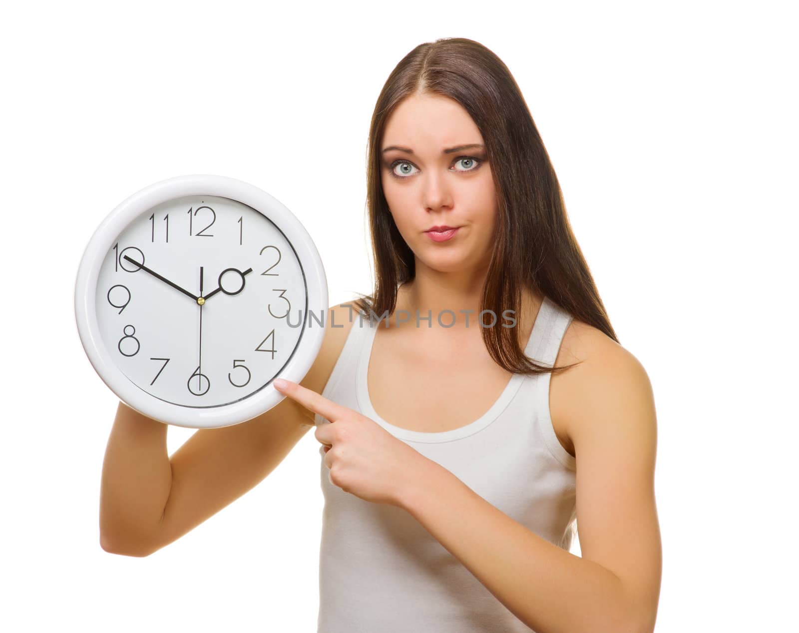 Young girl with clocks isolated