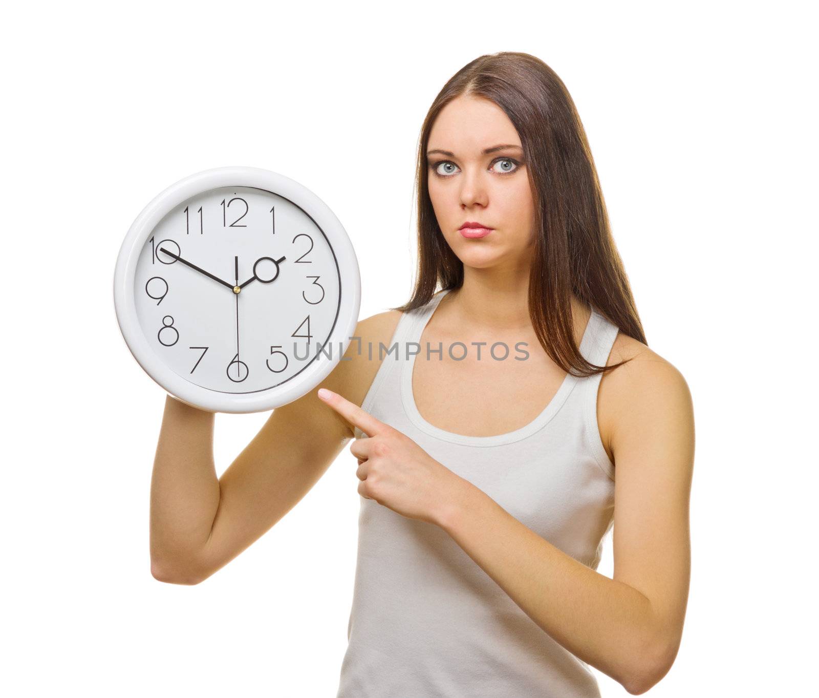 Young woman with clocks isolated