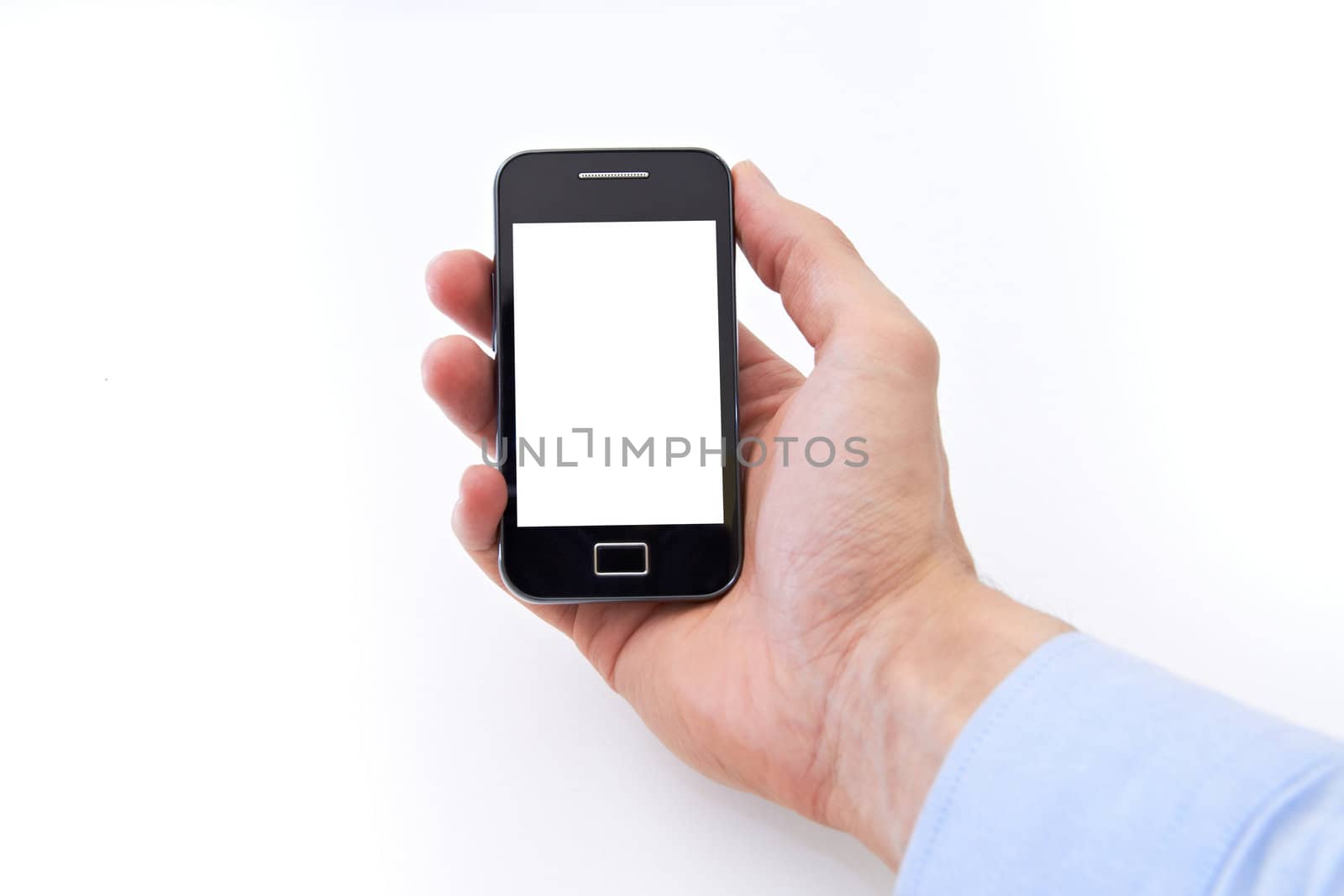 Businessman Holding Smartphone on White Background
