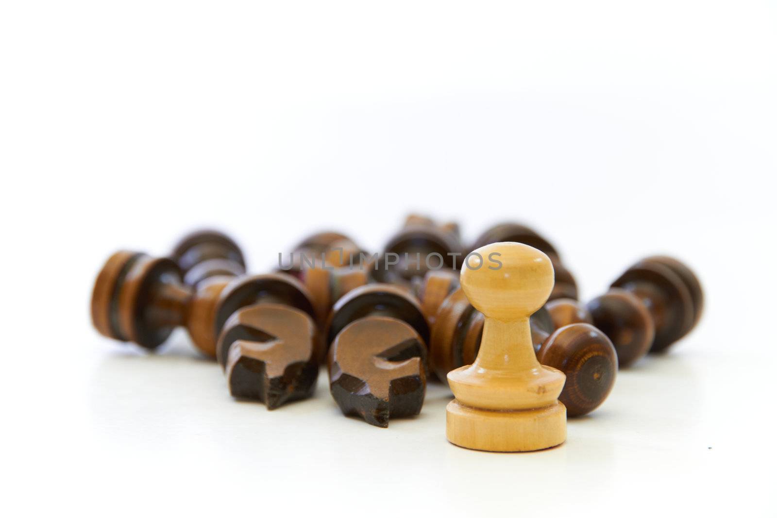 Chess pieces (pawn, knight, king) won others on white background