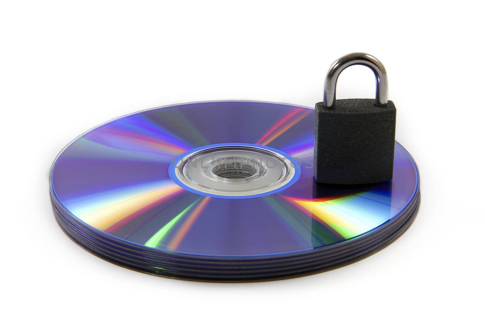 Colorful Reflected CD / DVD object with a key for data security / privacy on white background