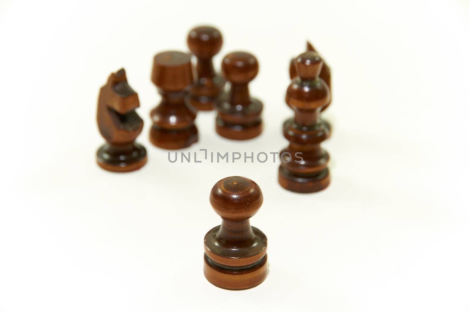 King, knight and pawns on white background