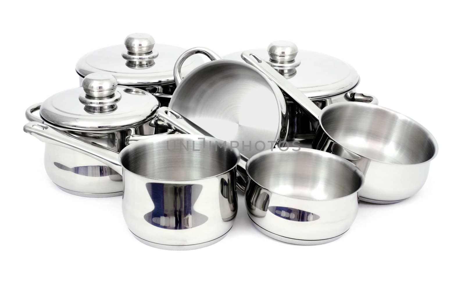 Pans made of stainless steel on a white background