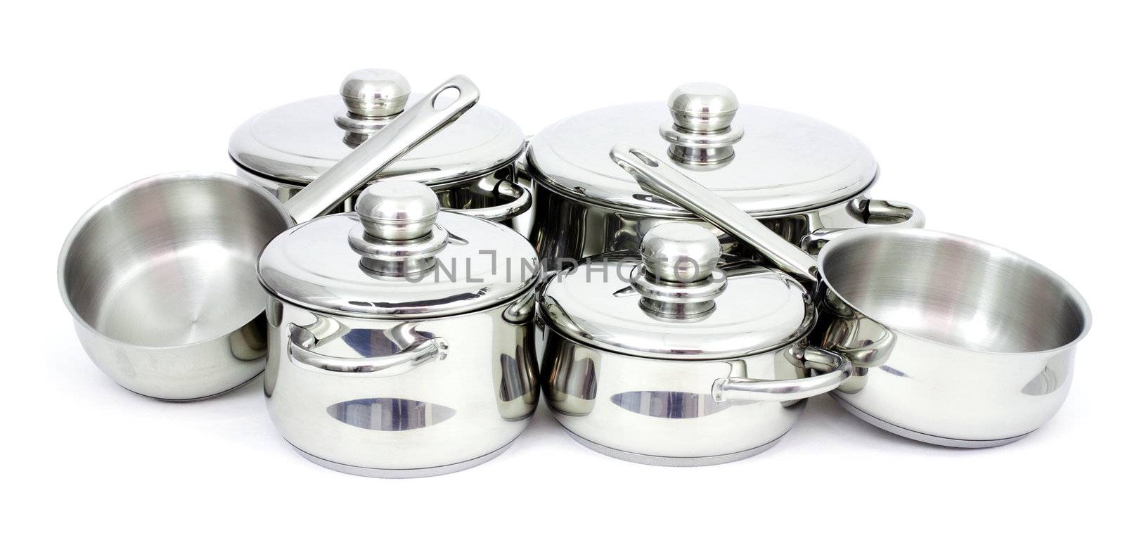 Pans made of stainless steel on a white background