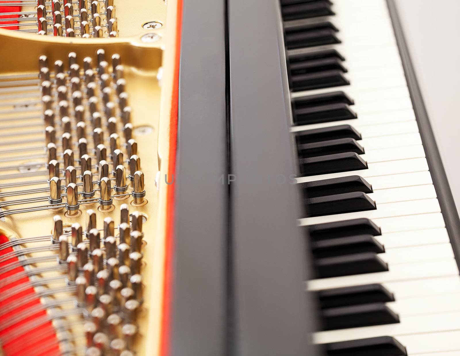 Detailed interior of grand piano showing the strings, pegs, sound board with focus on part of image and keys