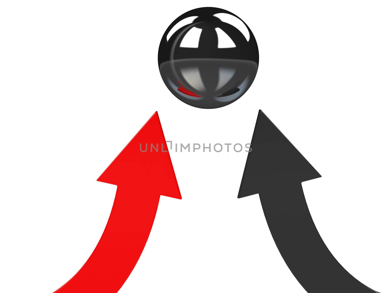 Red and black arrows specify in a metallic sphere