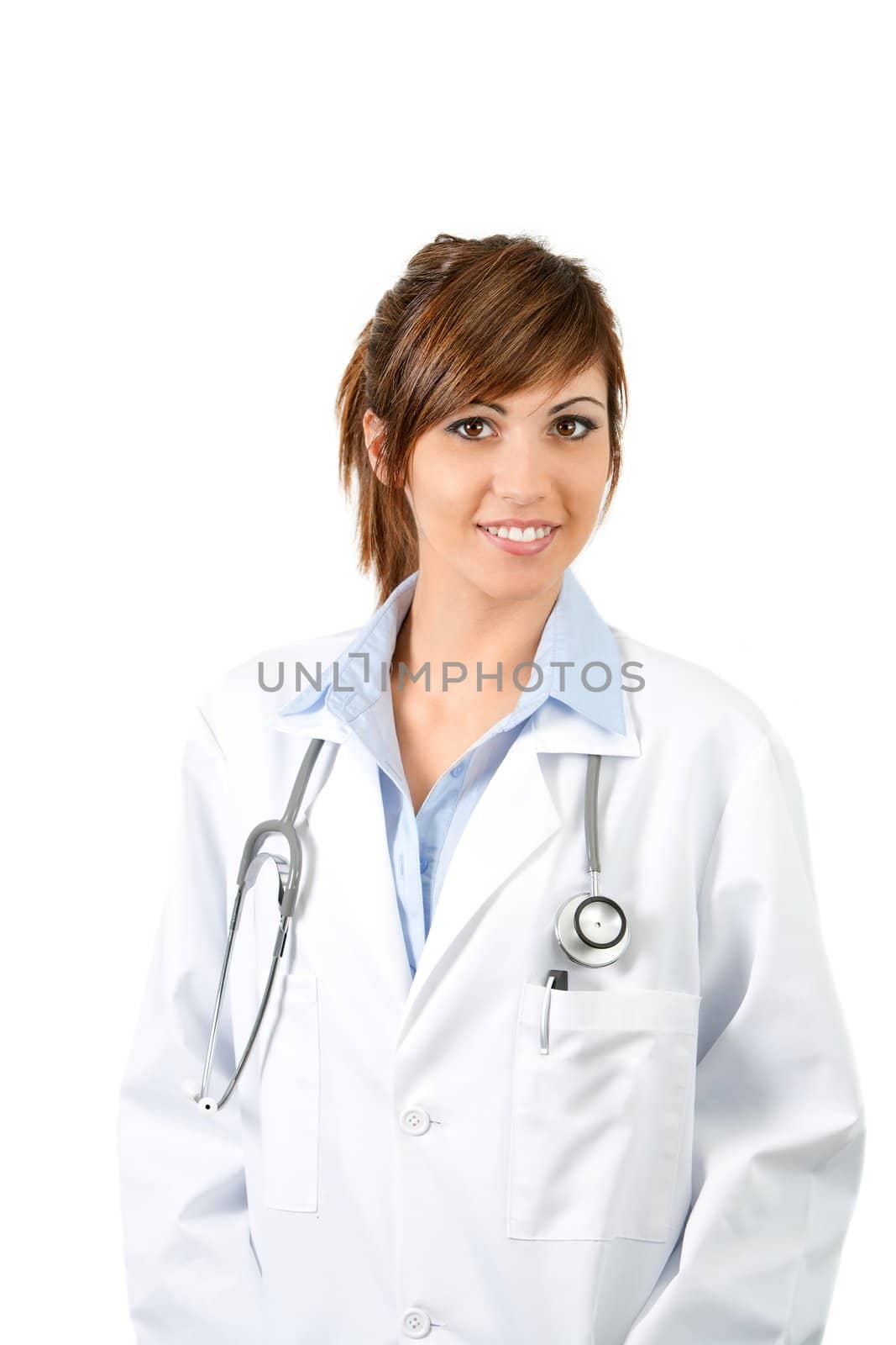 Portrait of Attractive young female doctor with stethoscope.Isolated.