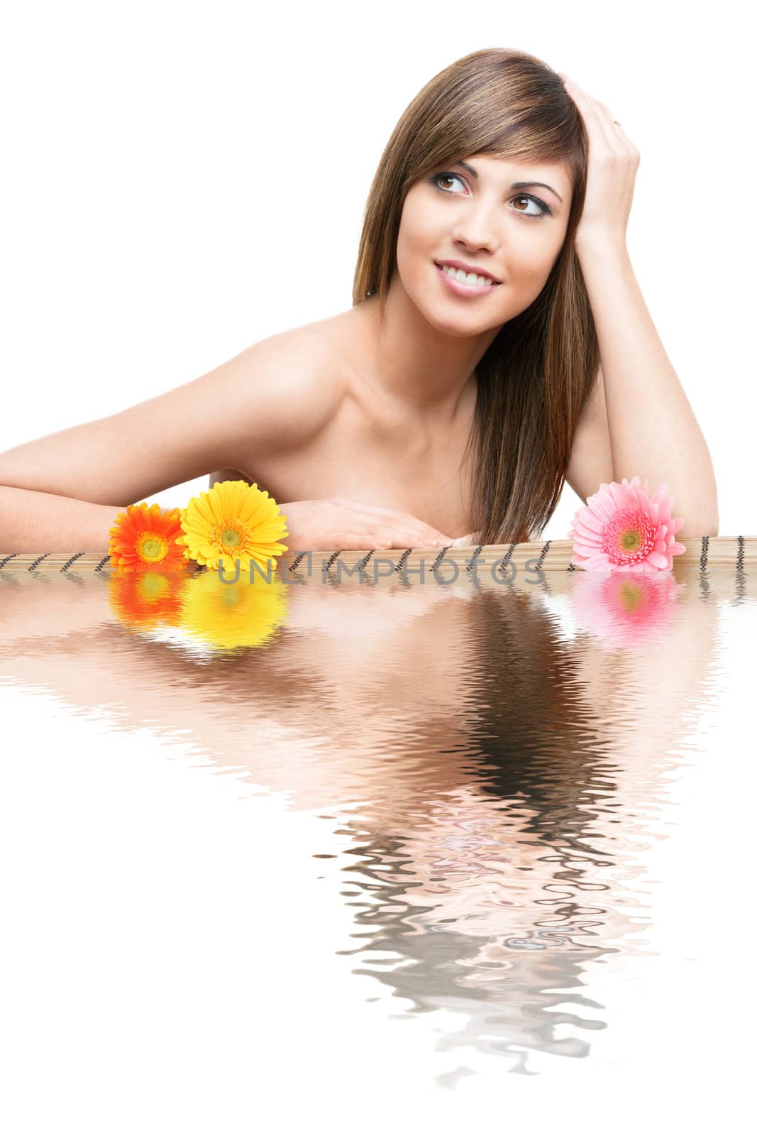 Close up beauty Portrait of young woman with water reflection and flowers.