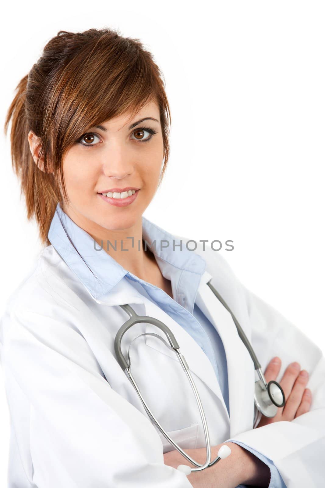 Close up Portrait of Attractive young female doctor with stethoscope.Isolated.