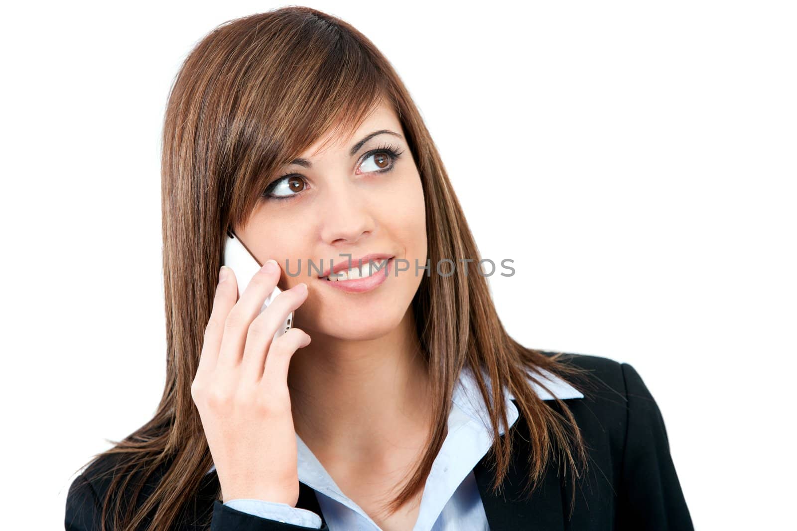 Close up portrait of Attractive young business woman talking on cell phone. Isolated on white.