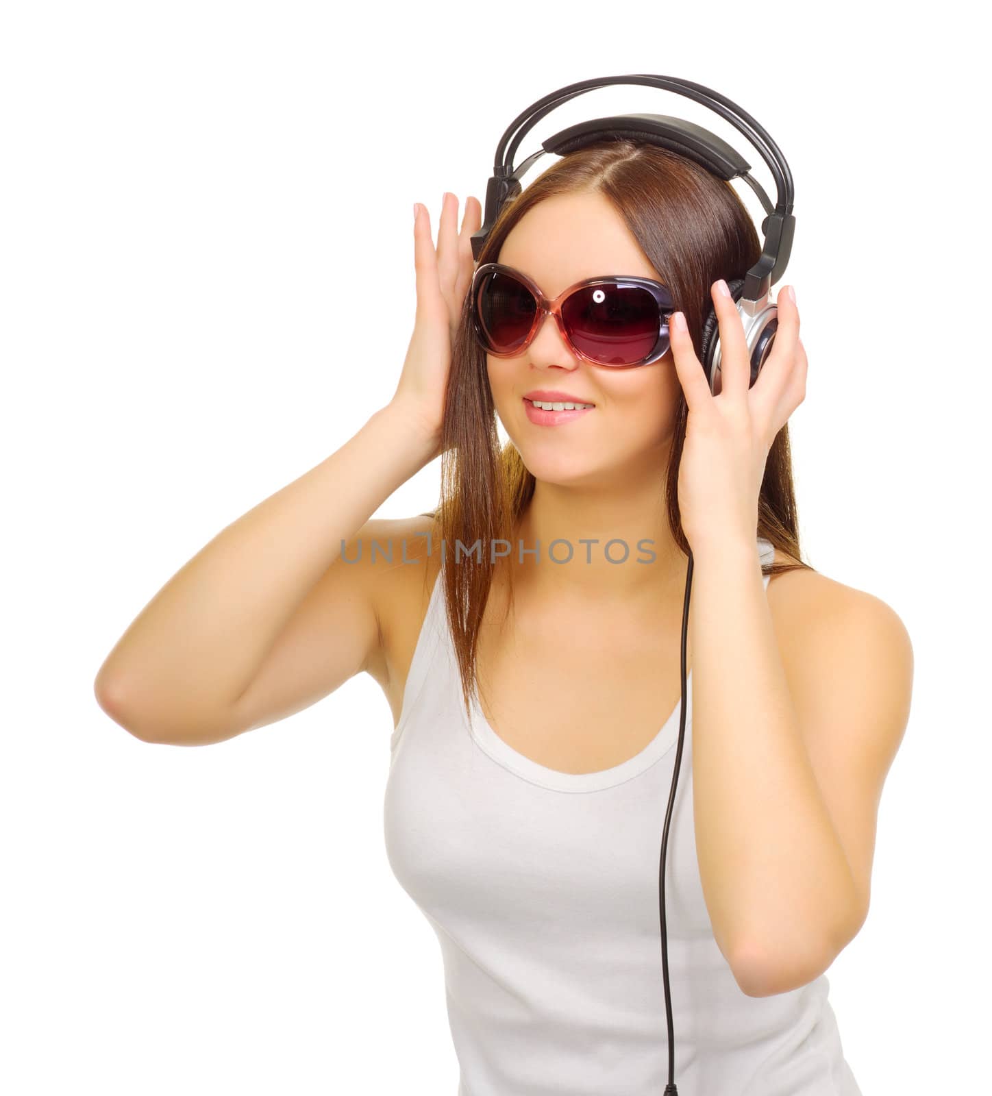 Young girl listen music isolated