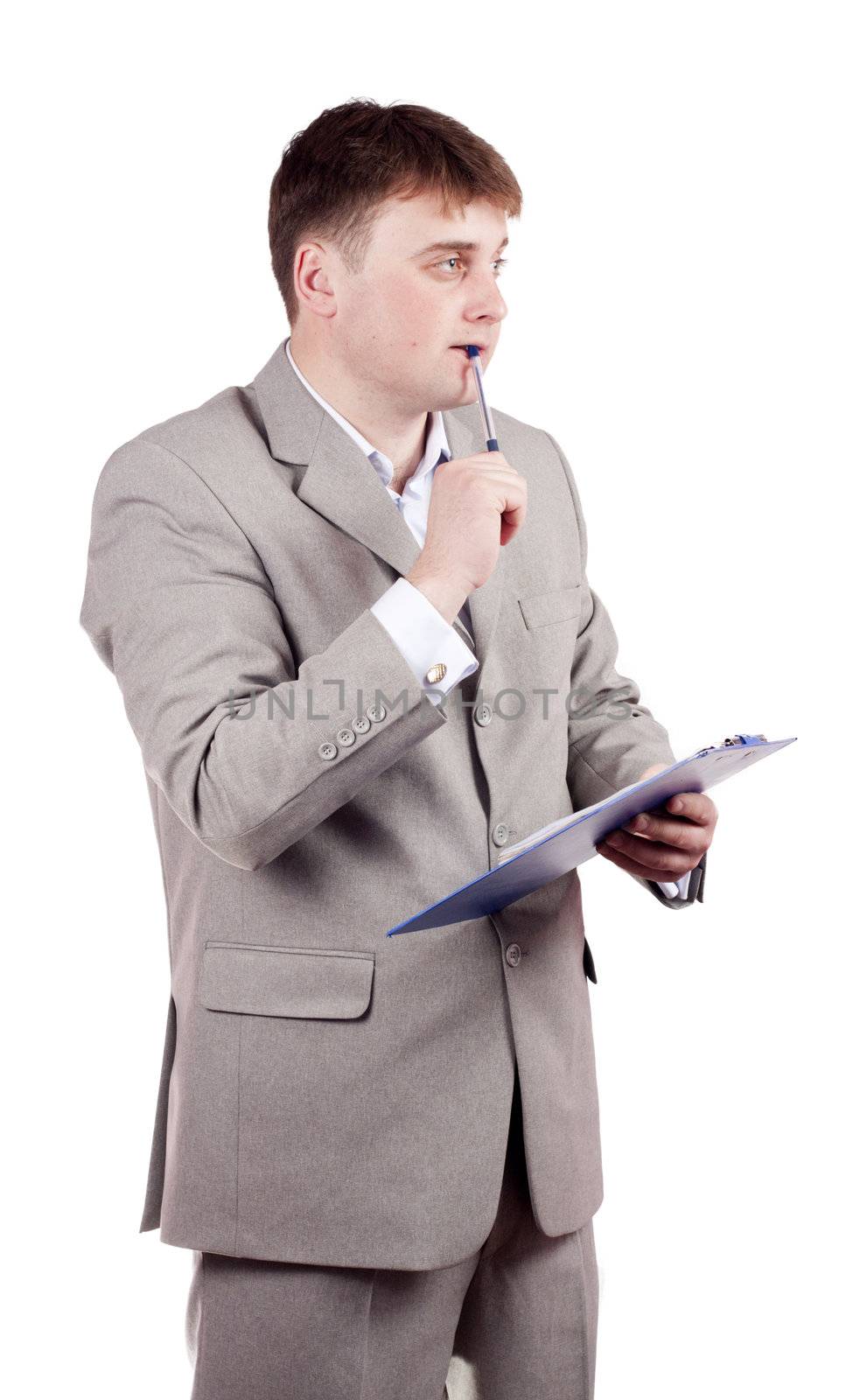 thoughtful man with a pen on a white background